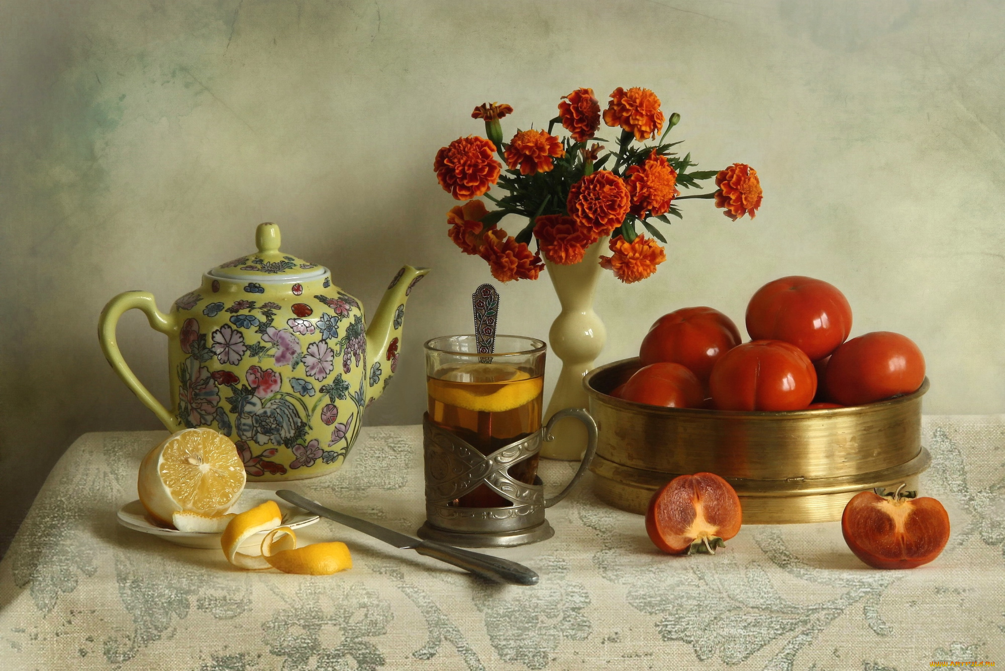 еда, натюрморт, помидоры, лимон, чай, цветы