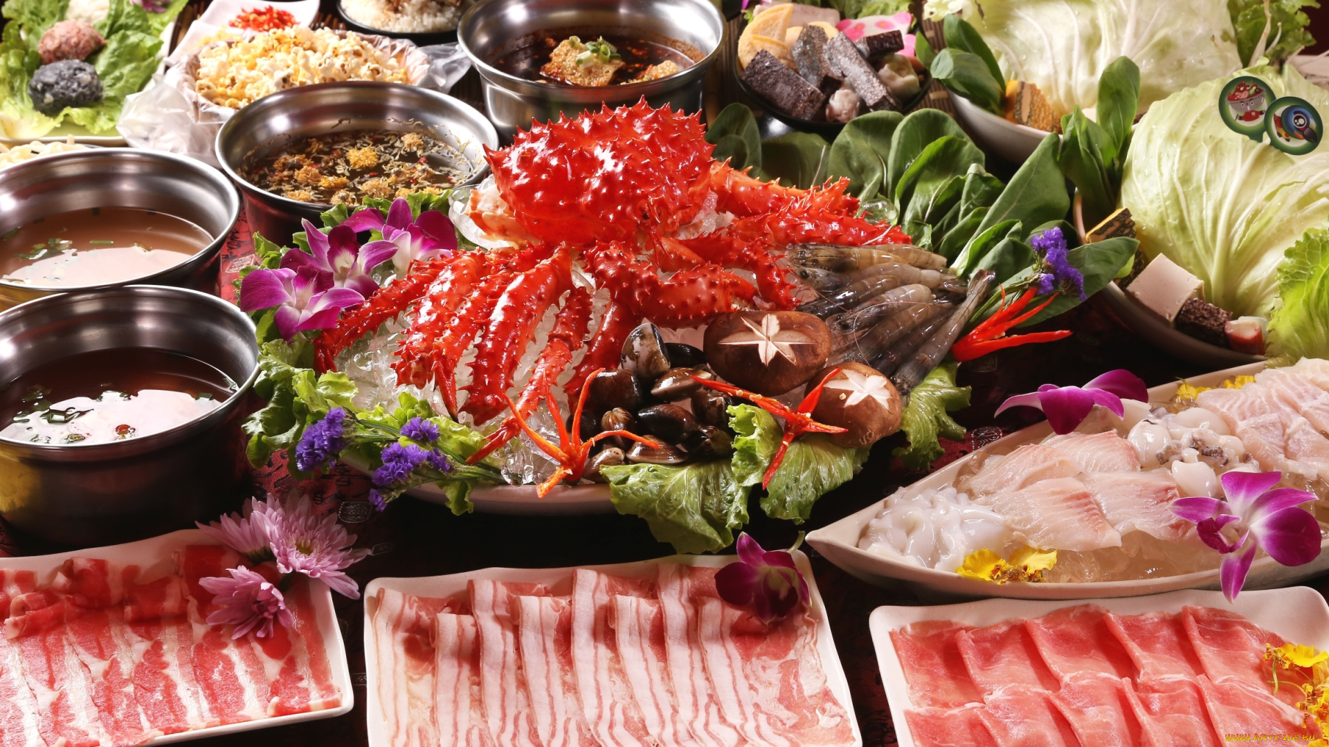 еда, разное, ассорти, суп, грибы, бекон, морепродукты, блюда, креветки, краб, салат, цветы, японская, кухня