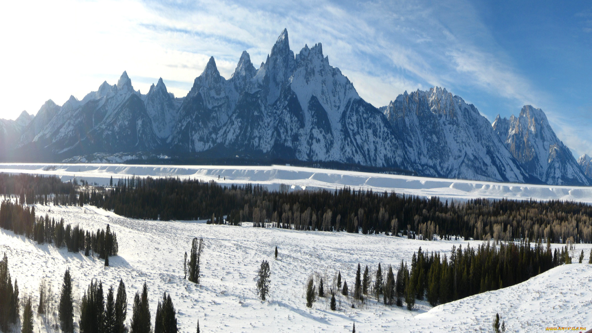 природа, горы, grand, teton, national, park, небо, деревья, сша, wyoming, снег, зима, облака