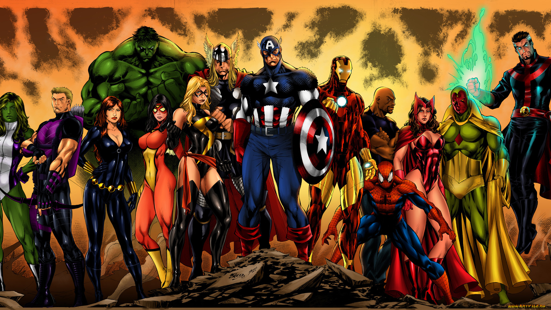 рисованное, комиксы, spider-man, iron, man, black, widow, captain, america, spider-woman, thor, she-hulk, doctor, strange, hulk