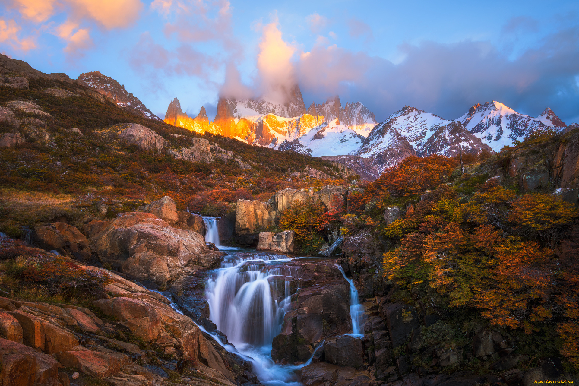 природа, водопады, краски, поток, патагония, осень, горы, анды, пики, южная, америка, река, камни, деревья