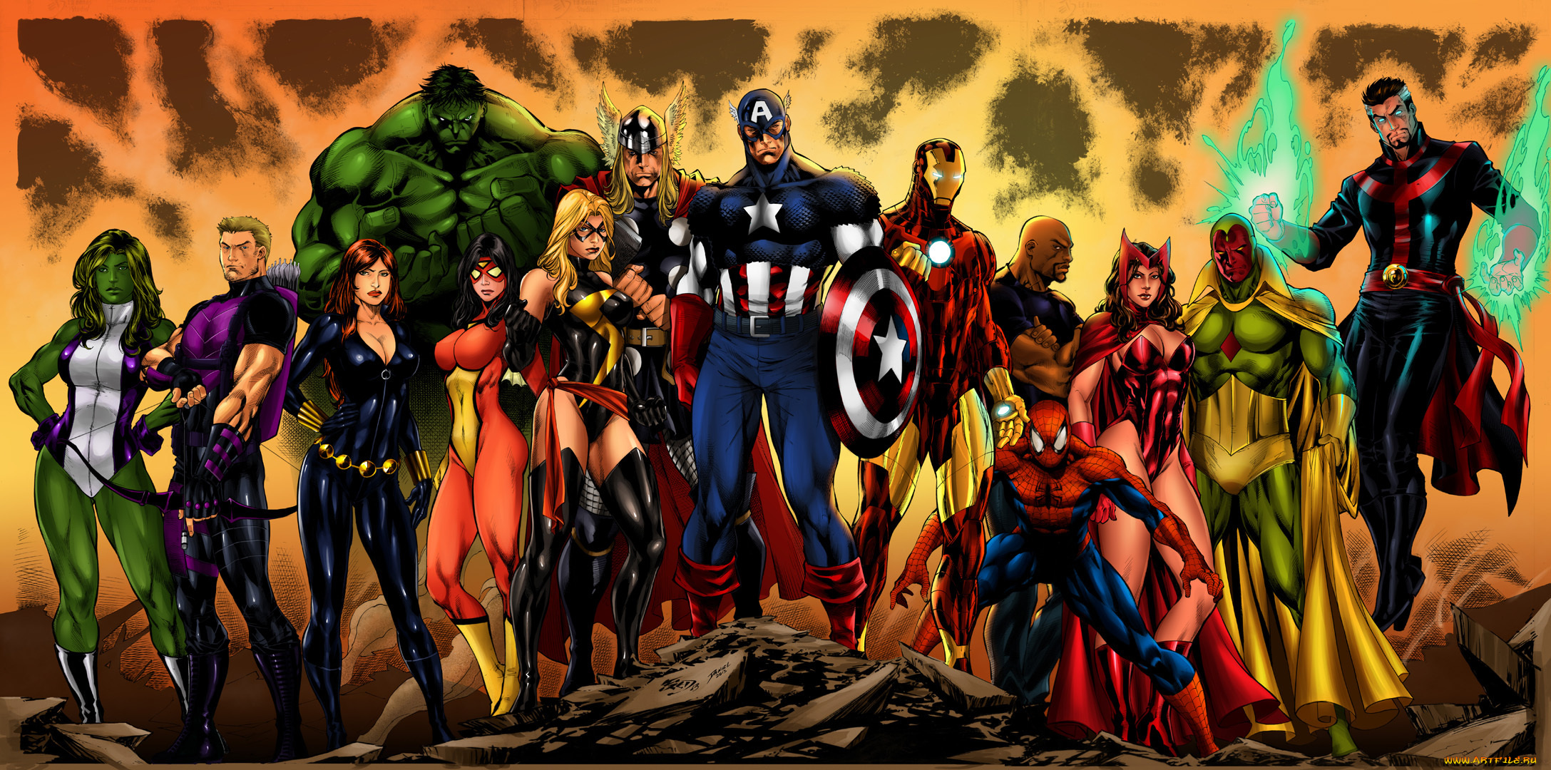 рисованное, комиксы, spider-man, iron, man, black, widow, captain, america, spider-woman, thor, she-hulk, doctor, strange, hulk