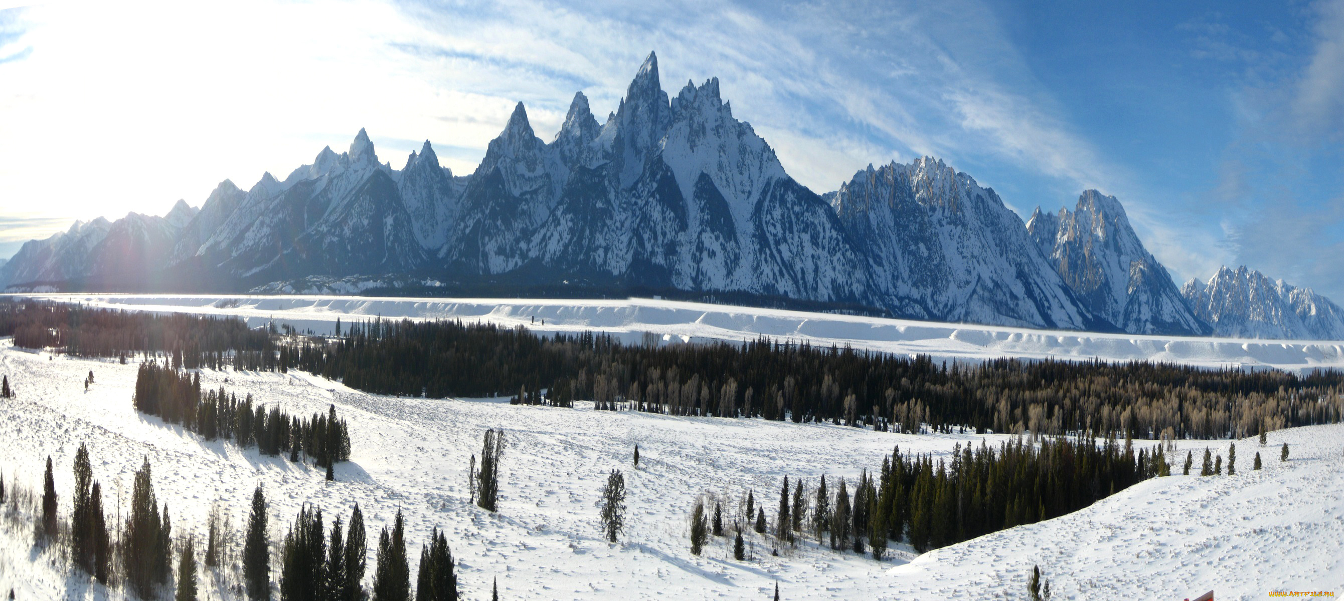 природа, горы, grand, teton, national, park, небо, деревья, сша, wyoming, снег, зима, облака