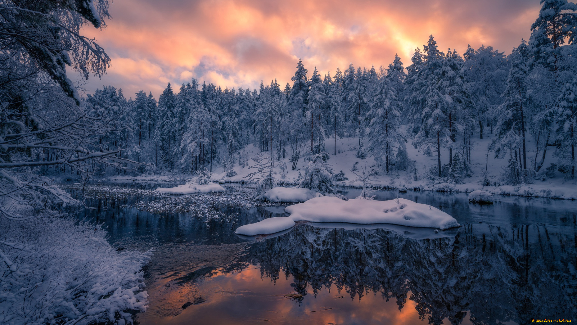 природа, реки, озера, закат, рингерике, отражение, лес, зима, norway, норвегия, ringerike, река, снег, деревья