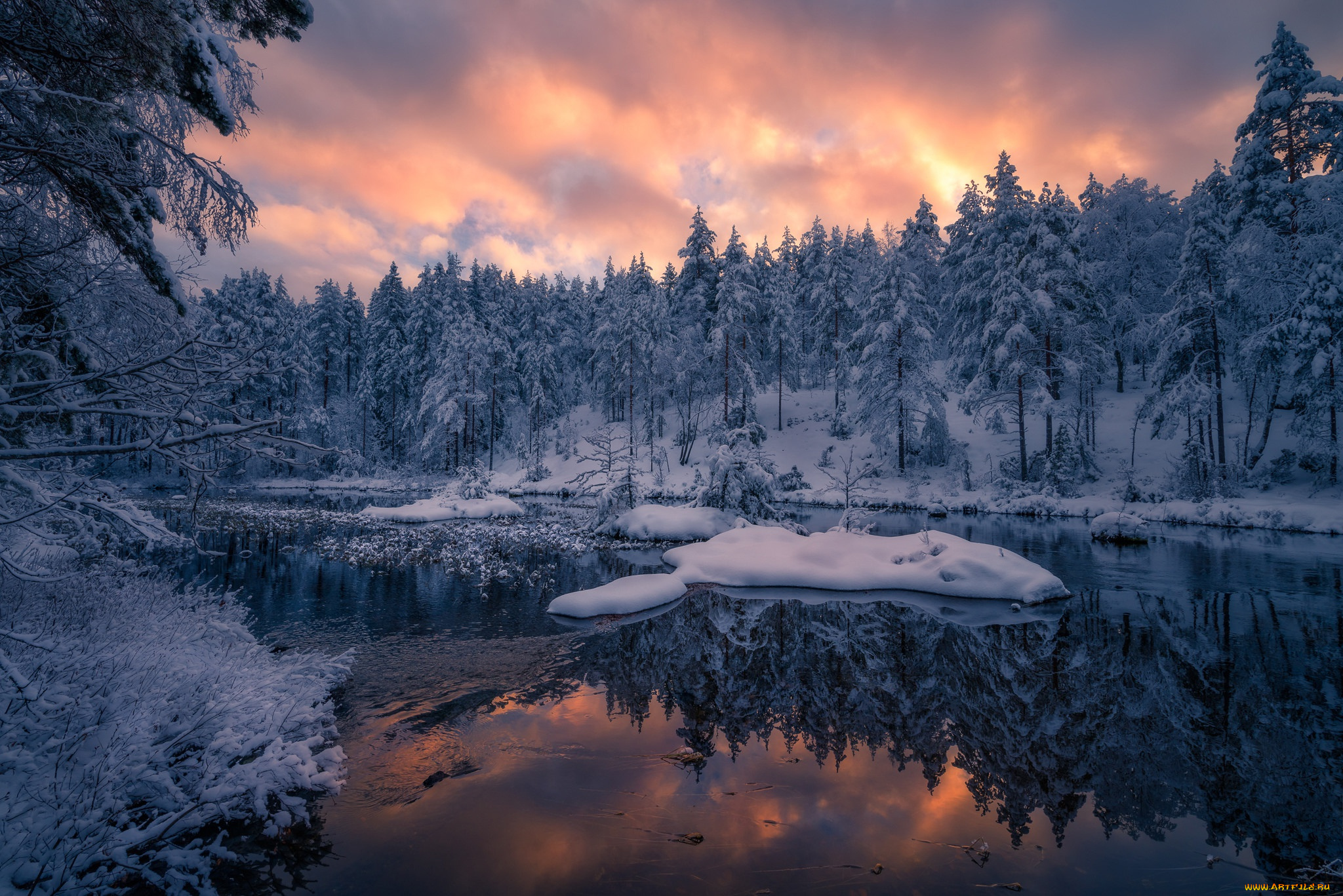 природа, реки, озера, закат, рингерике, отражение, лес, зима, norway, норвегия, ringerike, река, снег, деревья