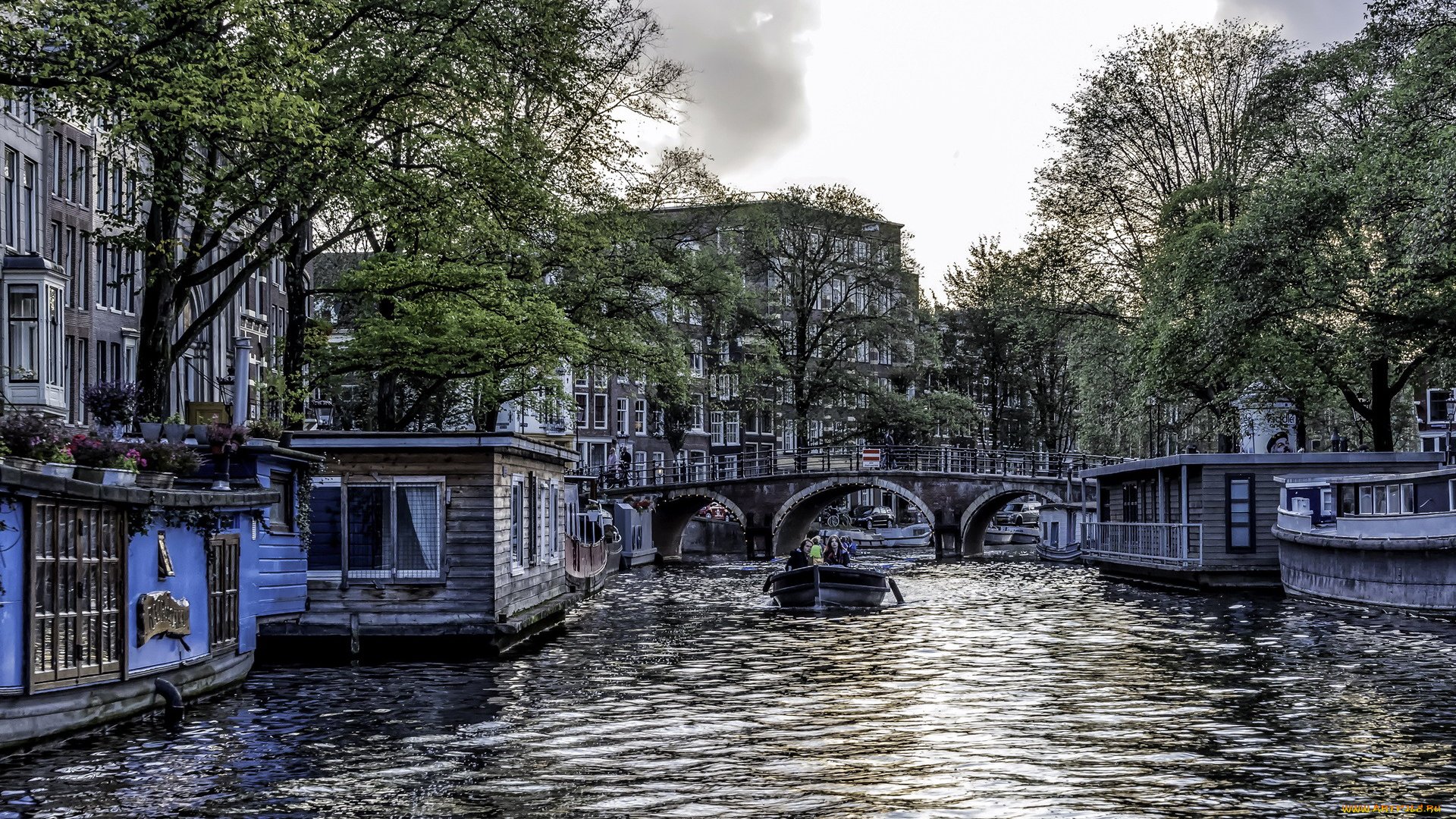 города, амстердам, , нидерланды, канал, мост, лодка