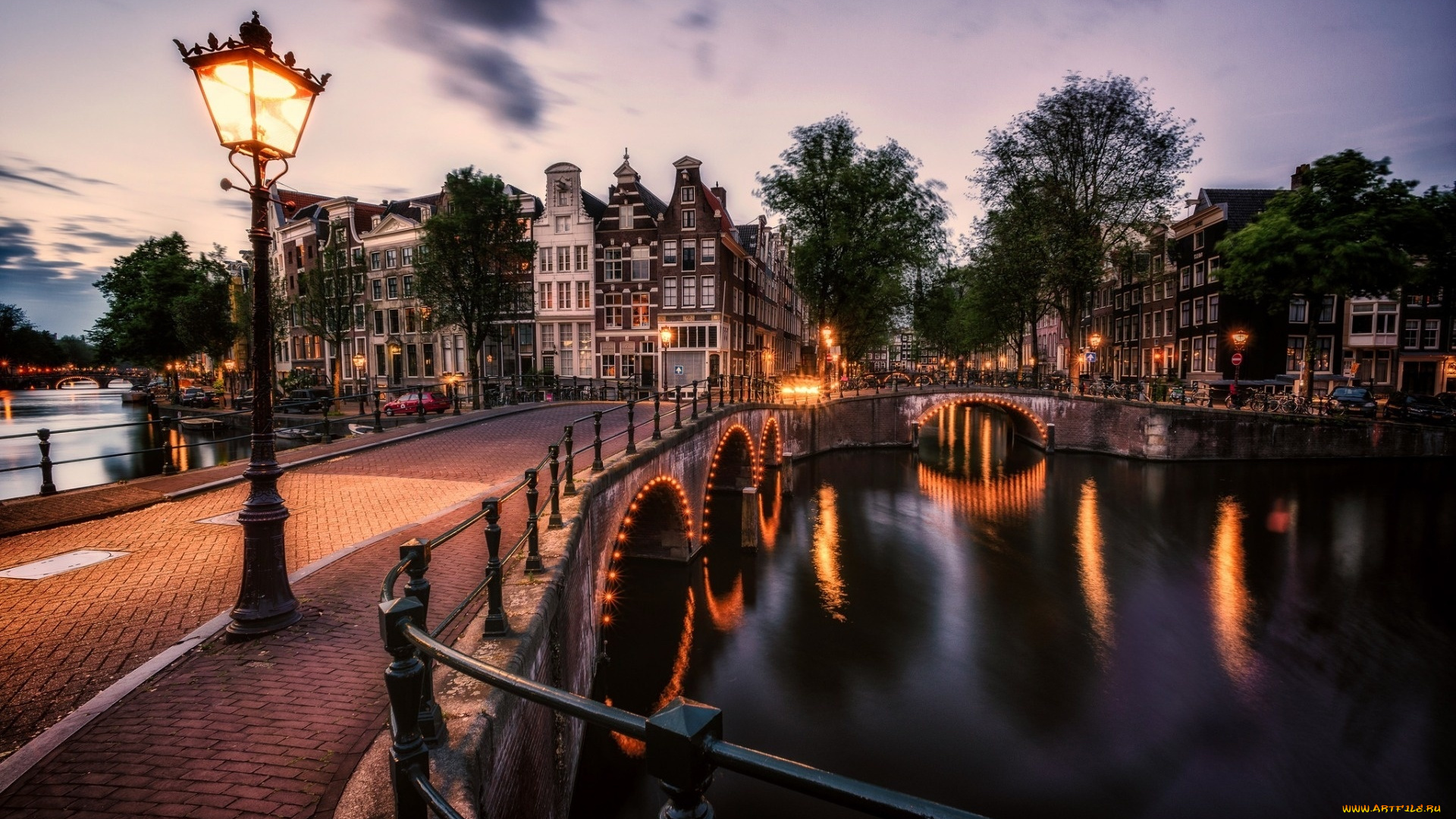 города, амстердам, , нидерланды, огни, вечер, мост