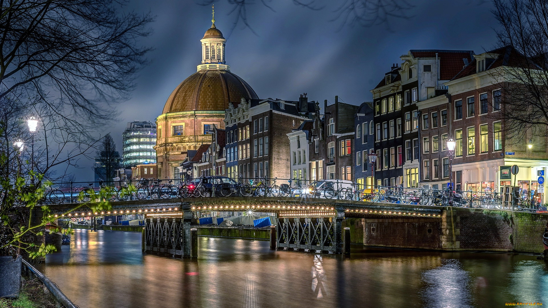 города, амстердам, , нидерланды, вечер, собор, канал, мост