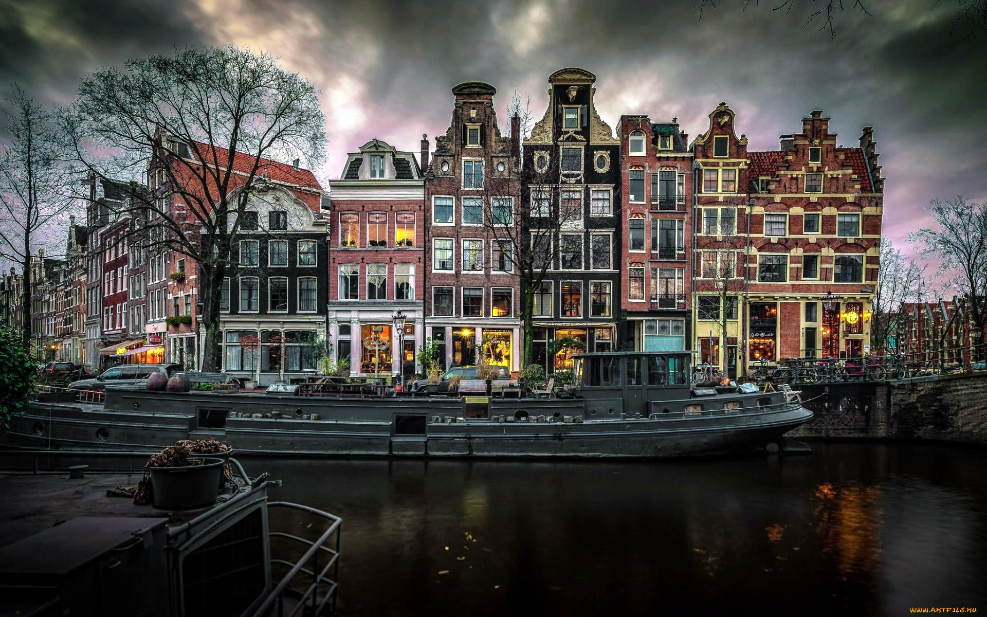 города, амстердам, , нидерланды, баржа, канал
