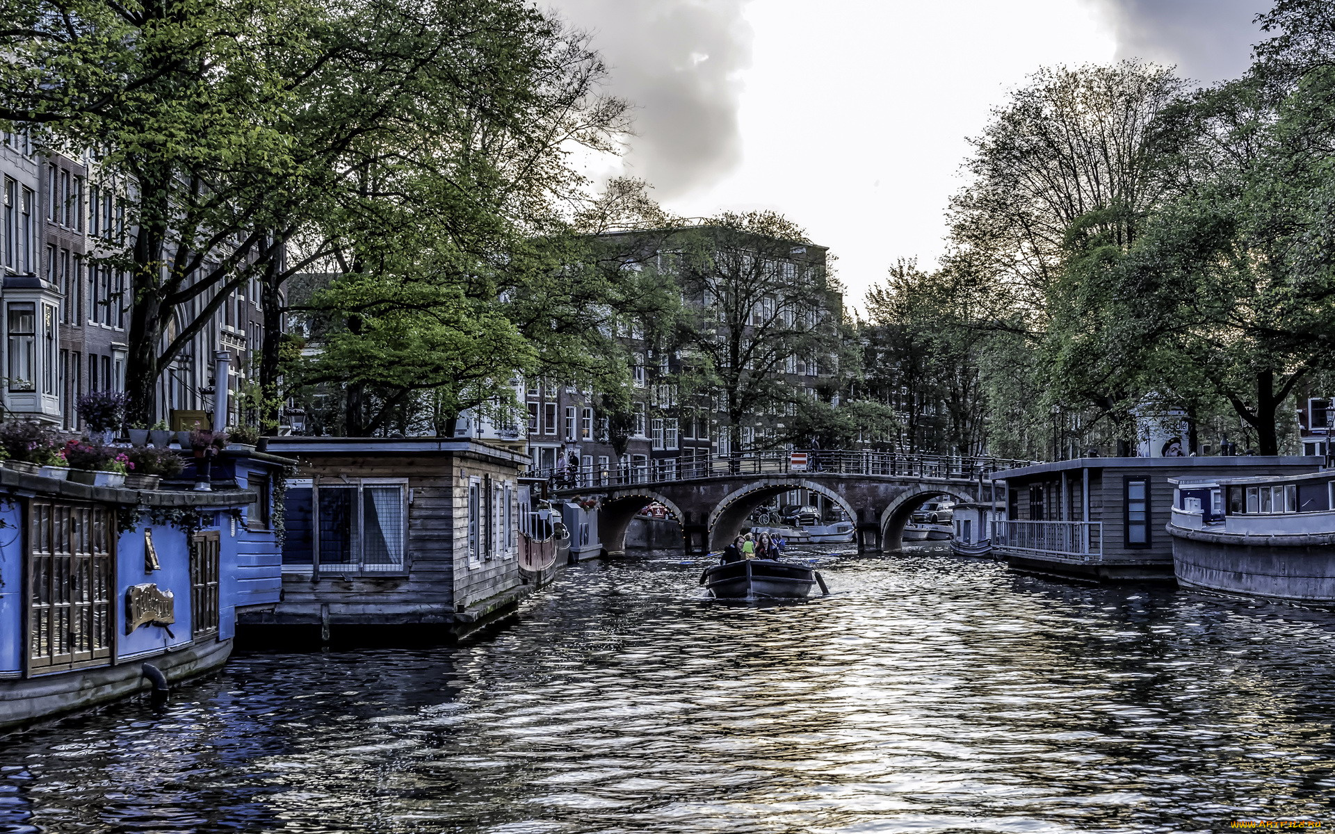 города, амстердам, , нидерланды, канал, мост, лодка