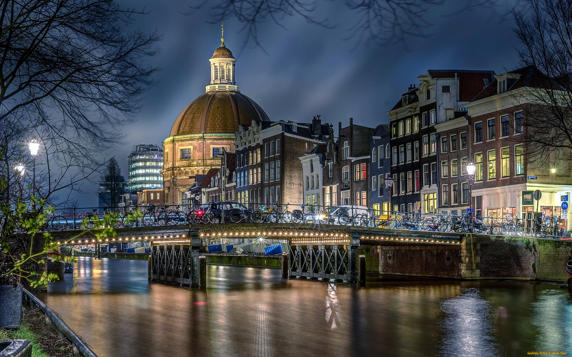 города, амстердам, , нидерланды, вечер, собор, канал, мост