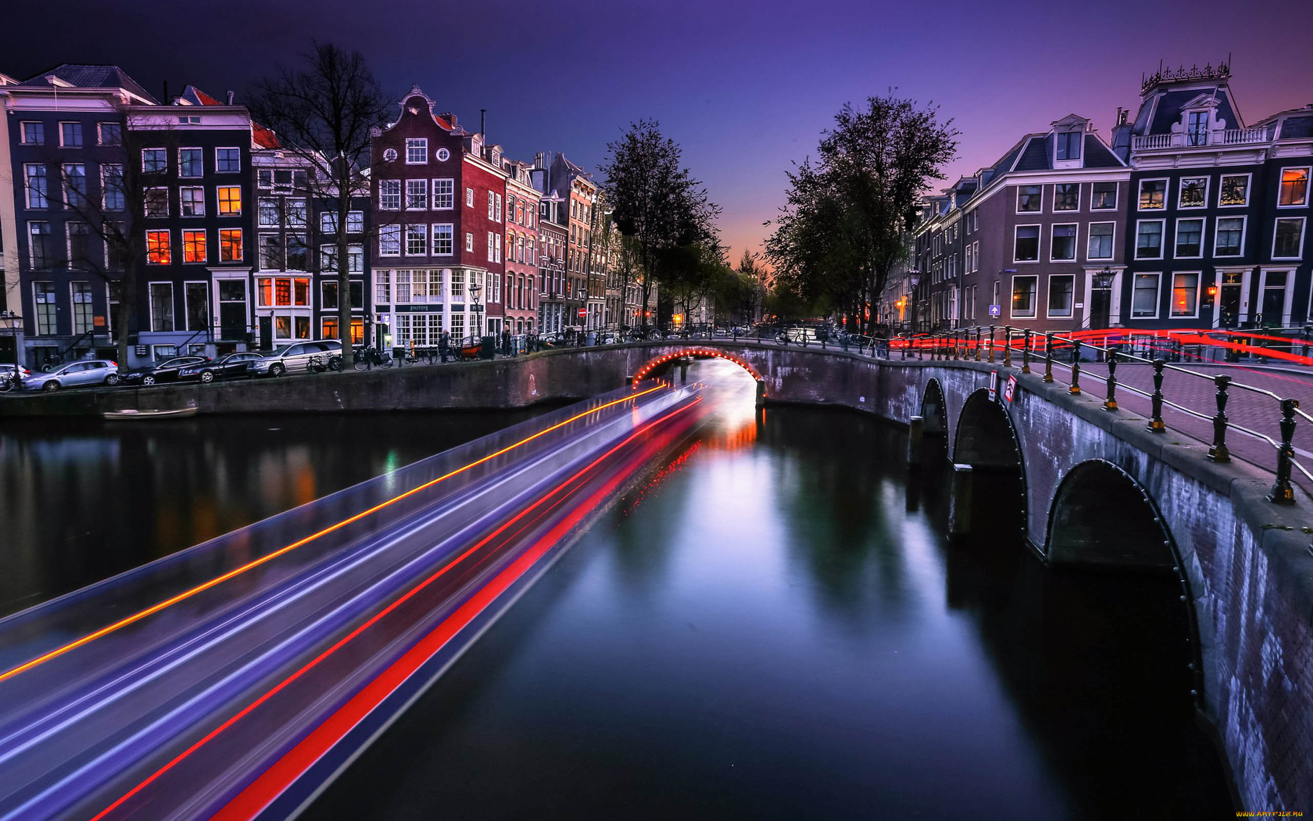 города, амстердам, , нидерланды, огни, вечер, мост