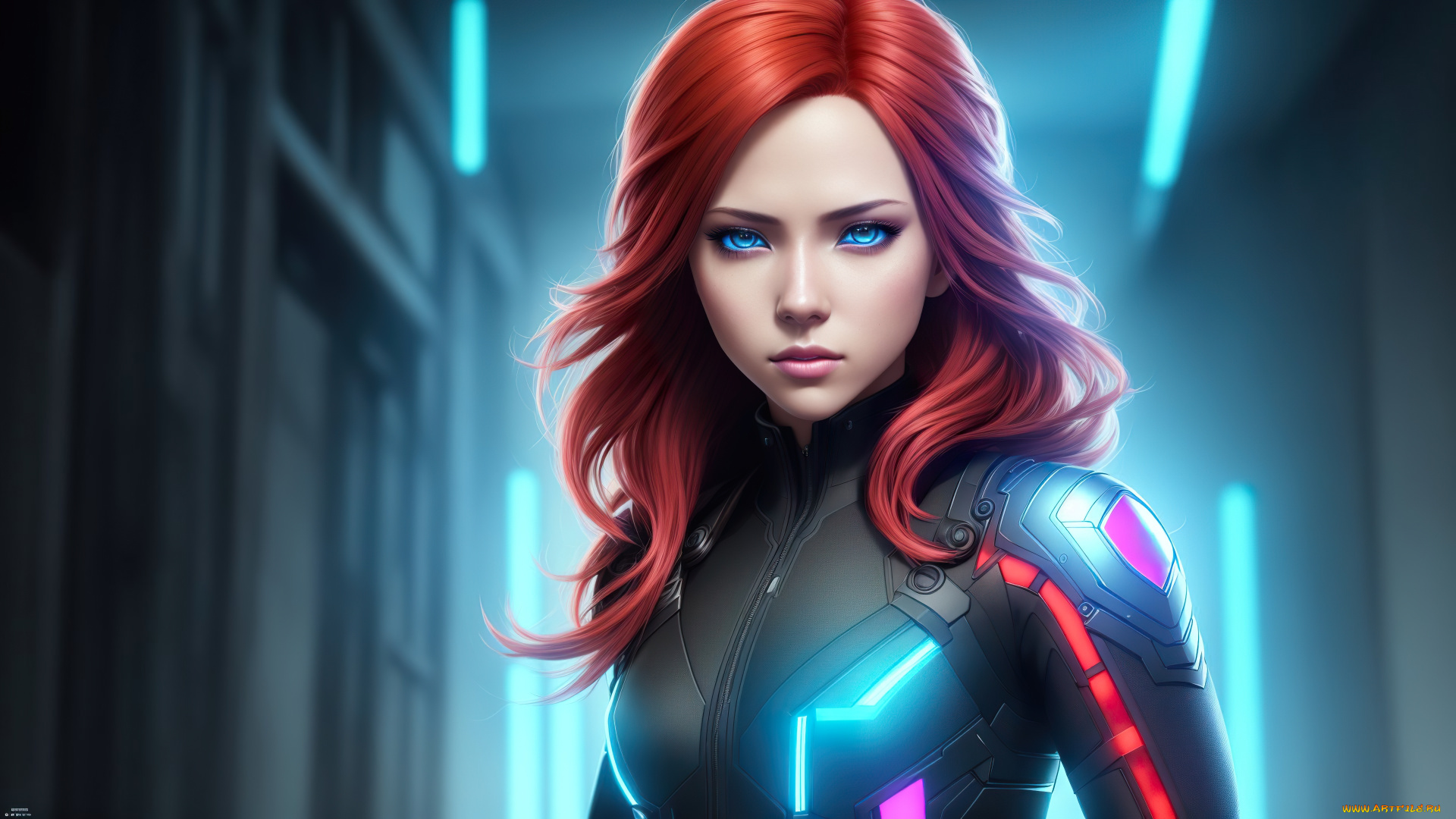 cyberpunk, 2077, видео, игры, future, girl, fantasy, armor, red, hair, art, blue, eyes, digital, black, widow, stable, diffusion, neuronet, ai