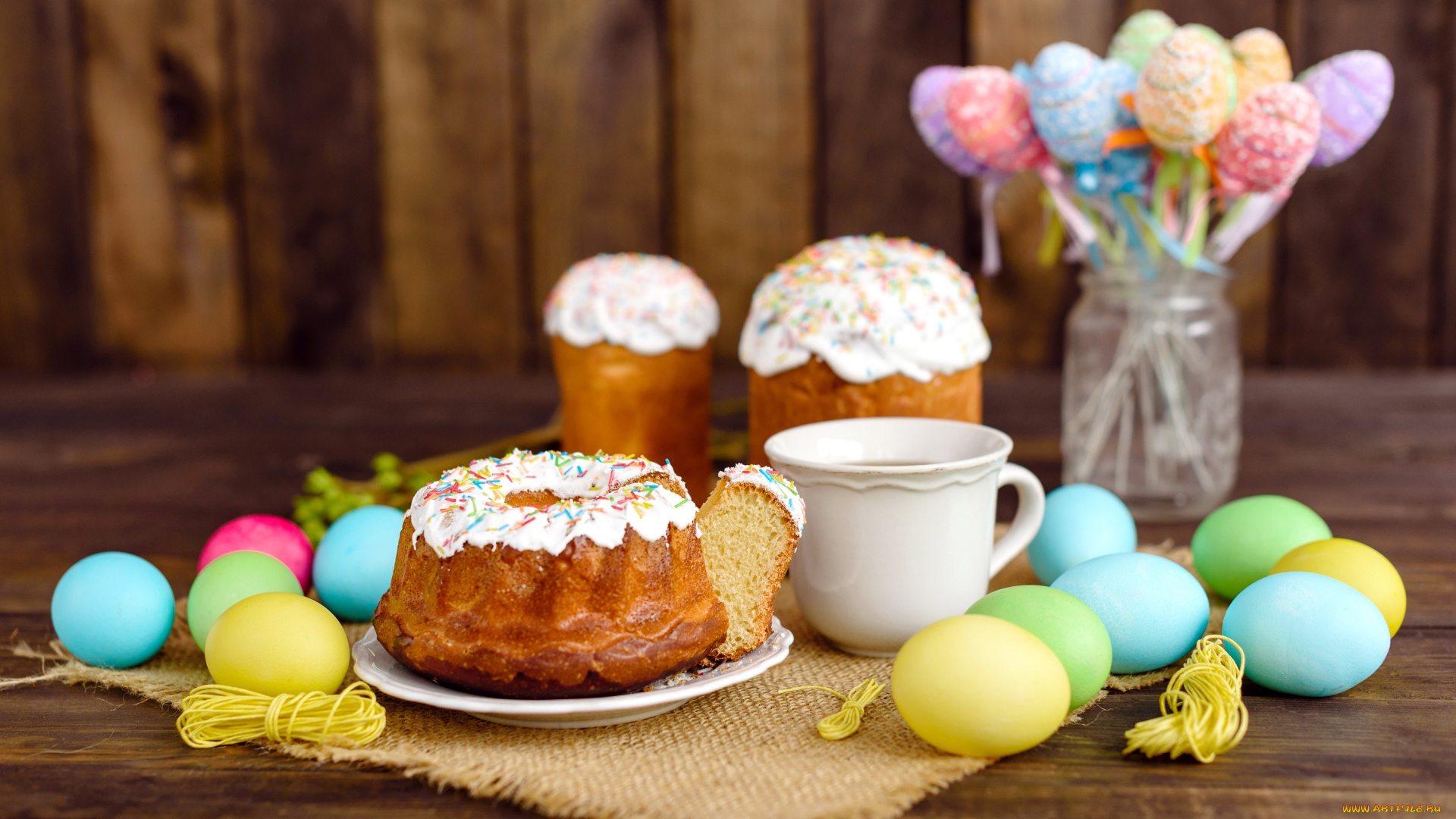 праздничные, пасха, яйца, colorful, happy, cake, кулич, wood, easter, eggs, decoration