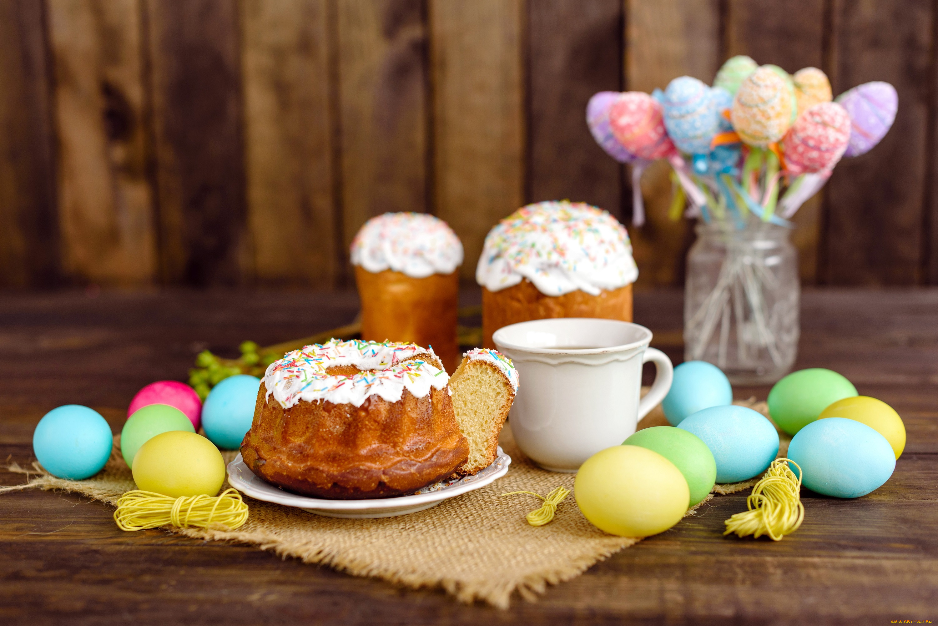 праздничные, пасха, яйца, colorful, happy, cake, кулич, wood, easter, eggs, decoration