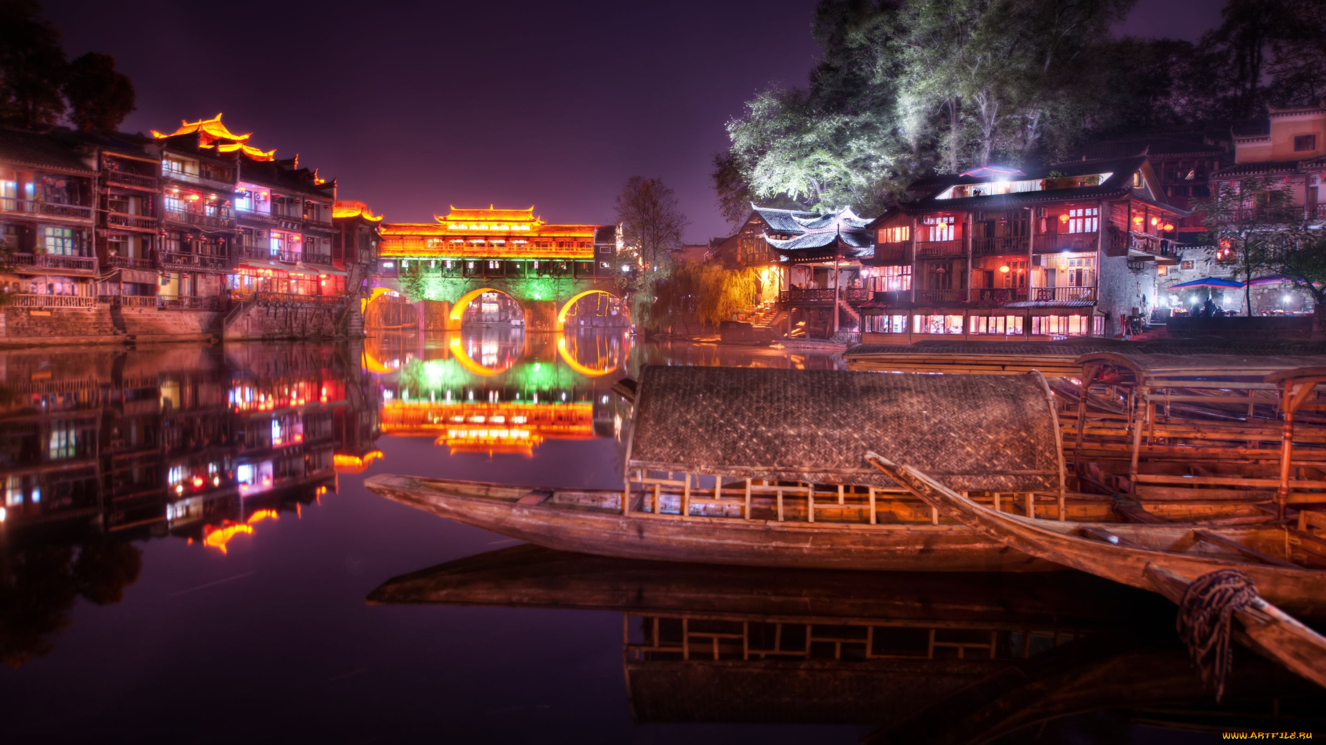 china, города, огни, ночного, fenghuang, county