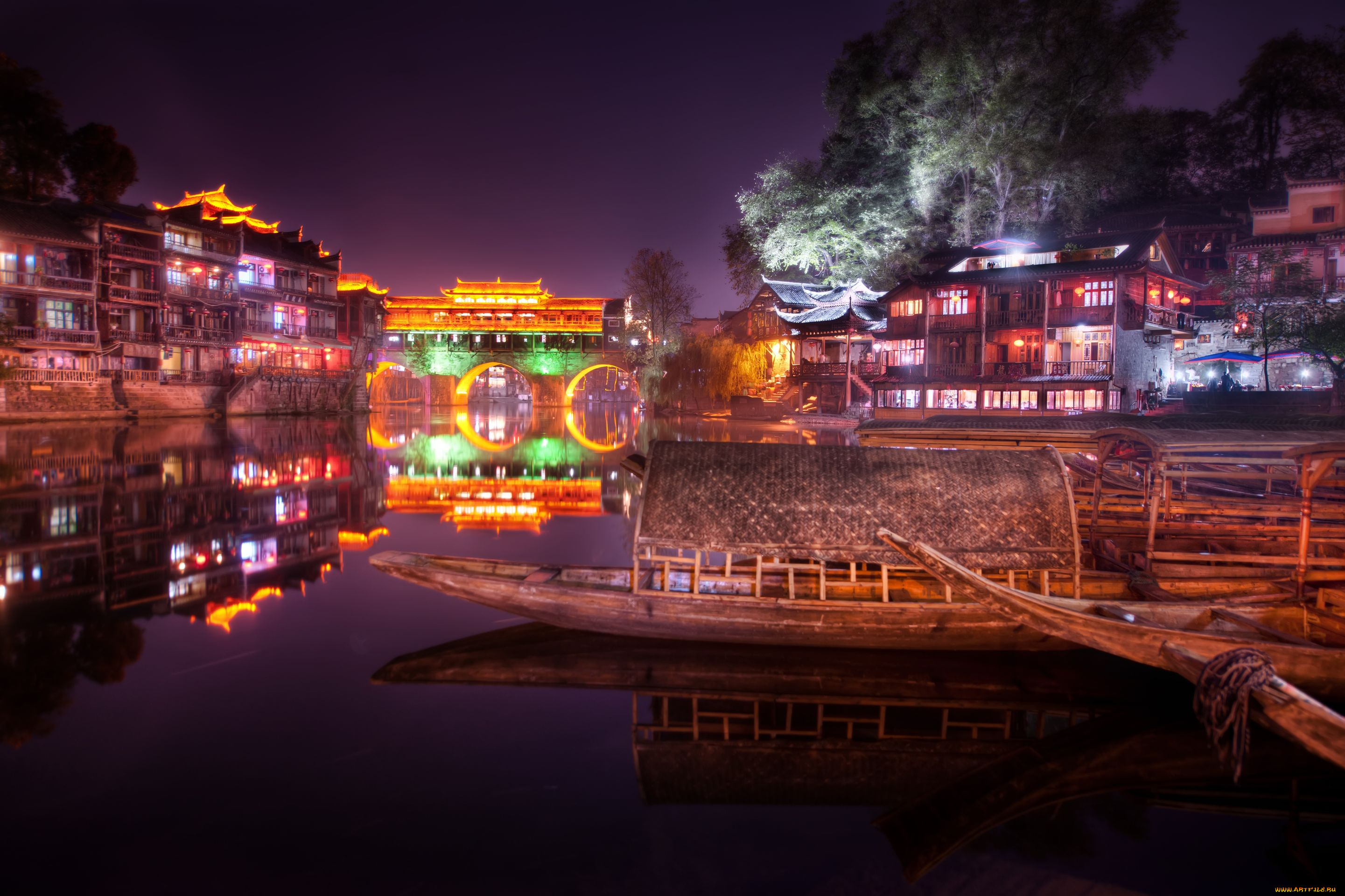 china, города, огни, ночного, fenghuang, county