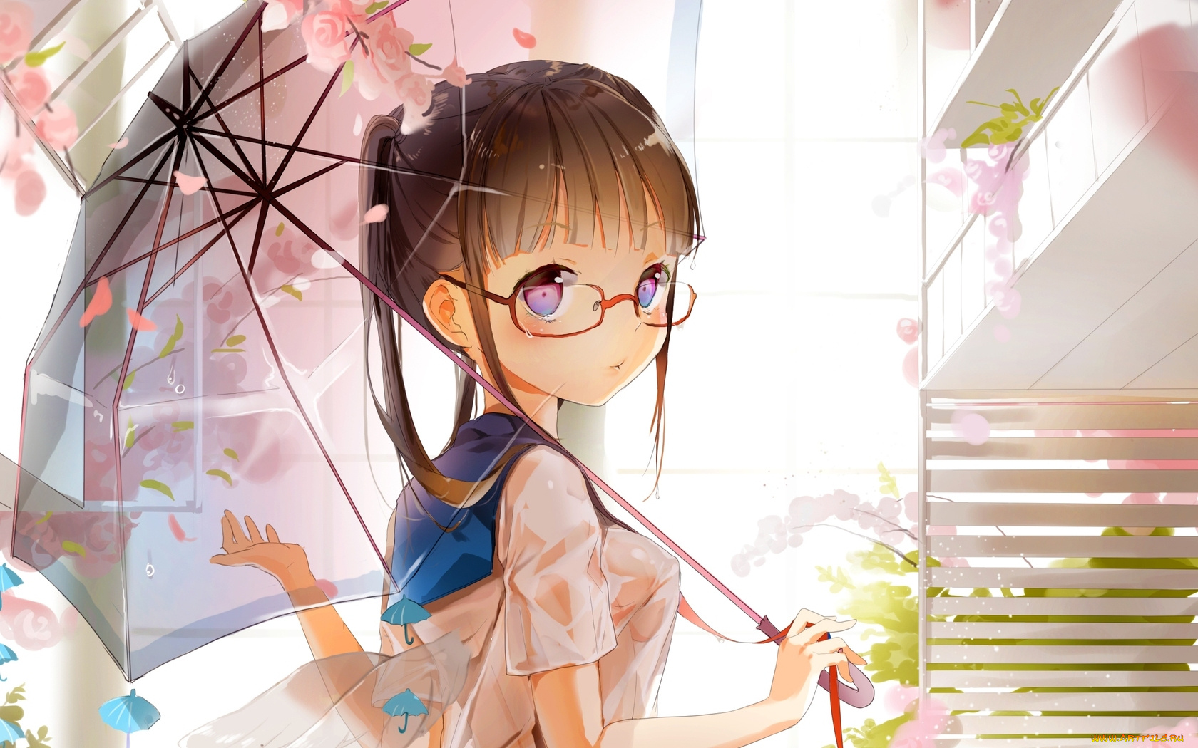 аниме, *unknown, другое, очки, цветы, зонтик, anmi