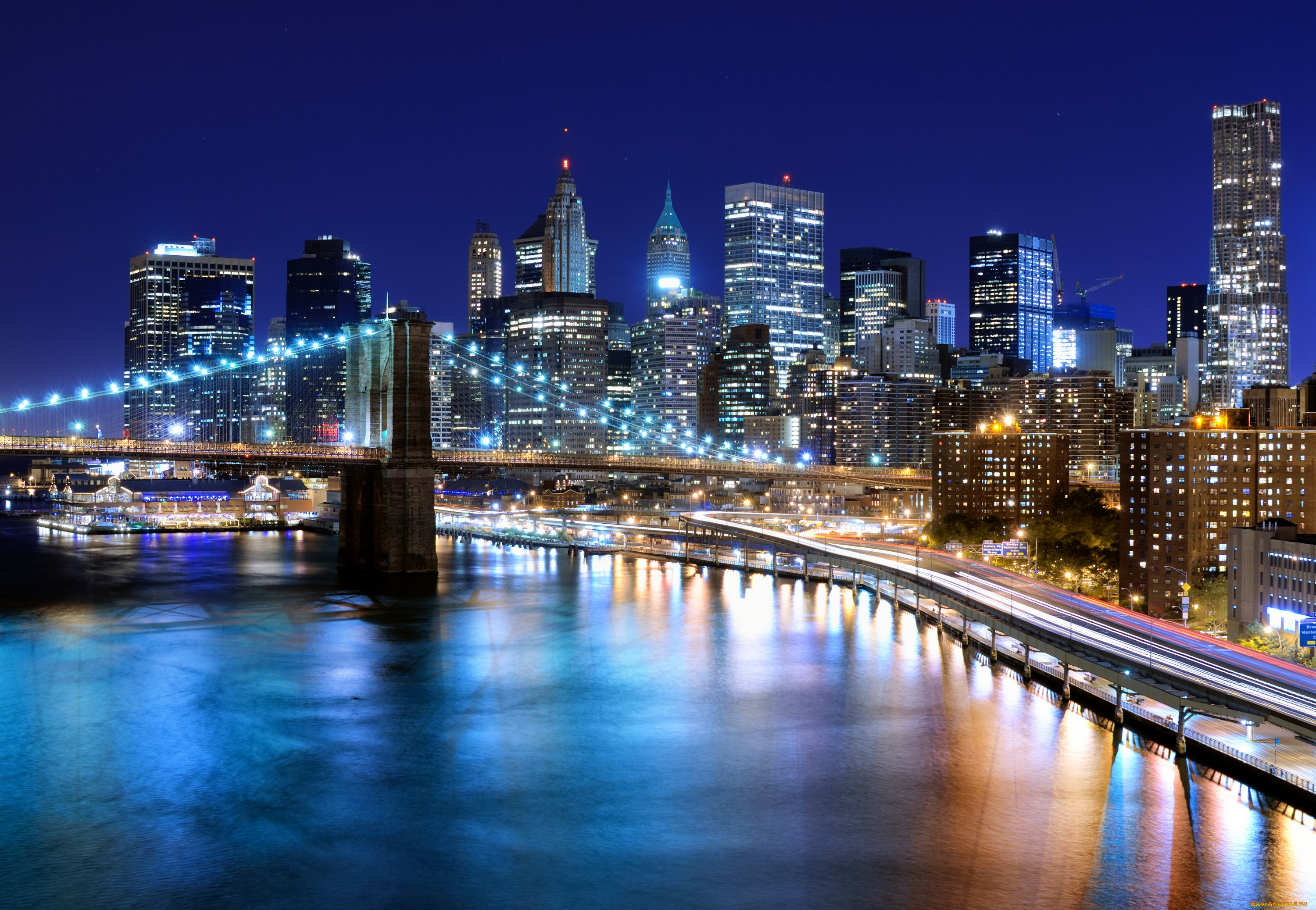 Бруклински мост Нью-Йорк небо ночь без смс