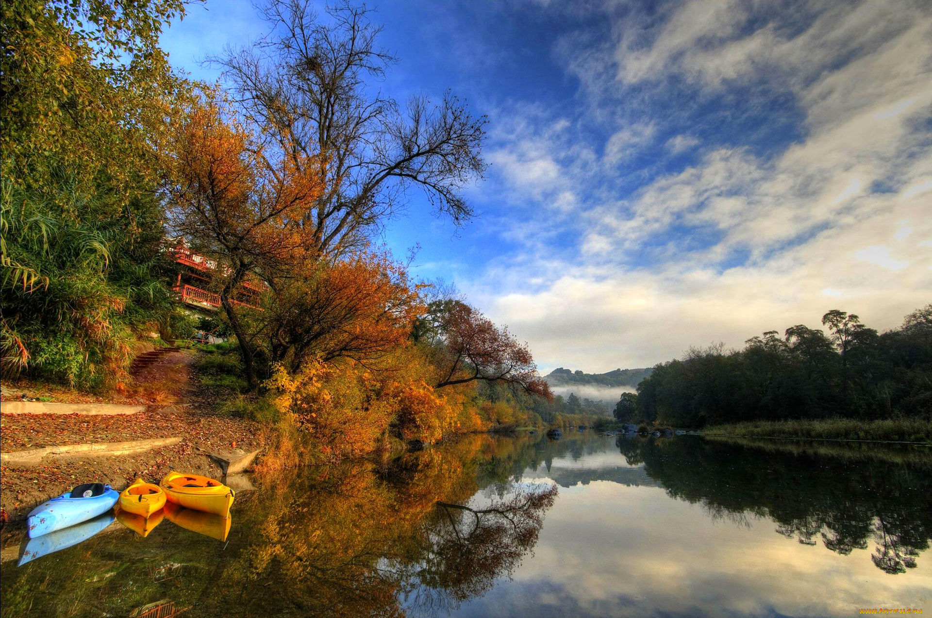 healdsburg, , california, города, -, пейзажи, река, дом, лодки, облака, небо, деревья, осень