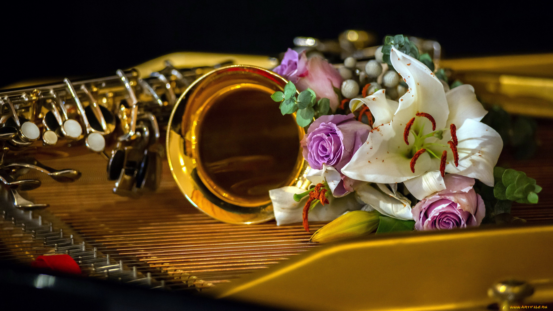 музыка, -музыкальные, инструменты, саксофон, цветы, лилия, розы