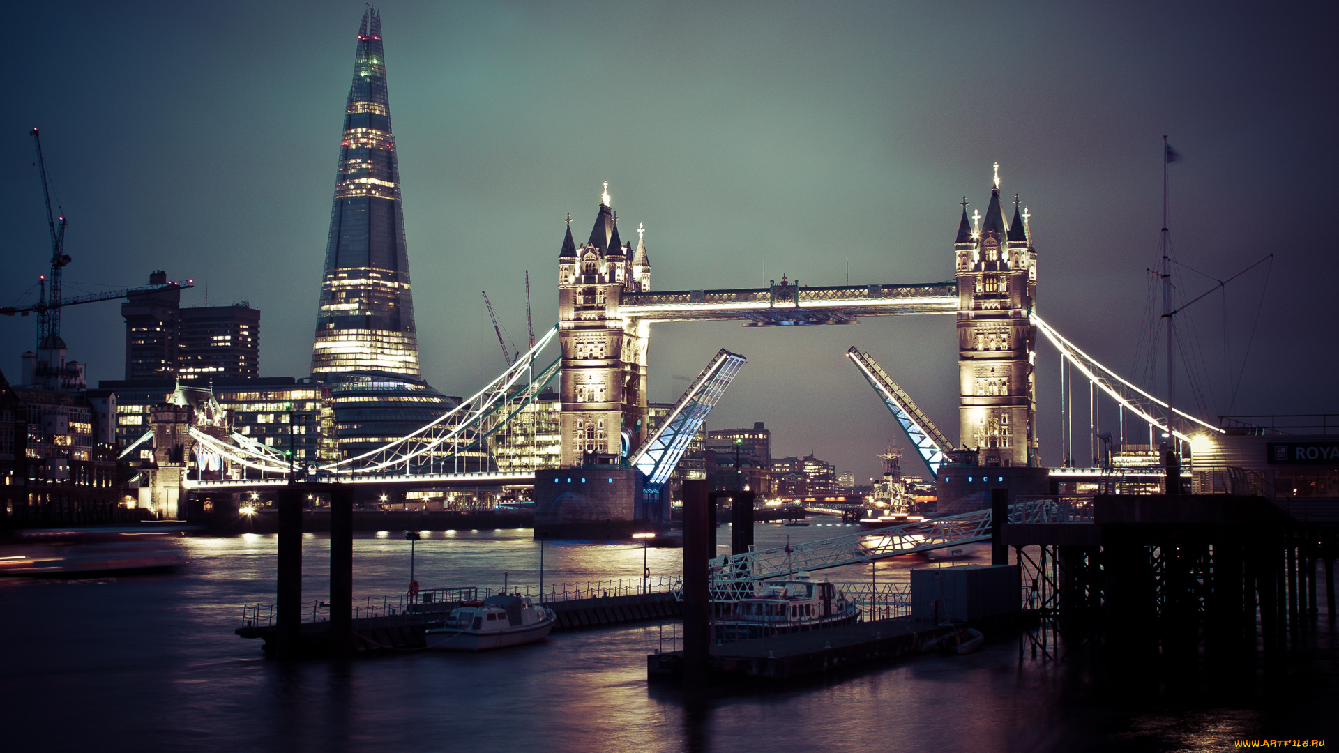 города, лондон, великобритания, ночной, город, причал, темза, london, england, мост, тауэрский, tower, bridge, река
