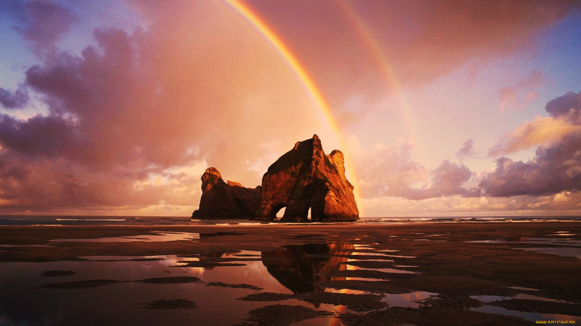 over, the, rainbow, природа, радуга, скала, отлив, море