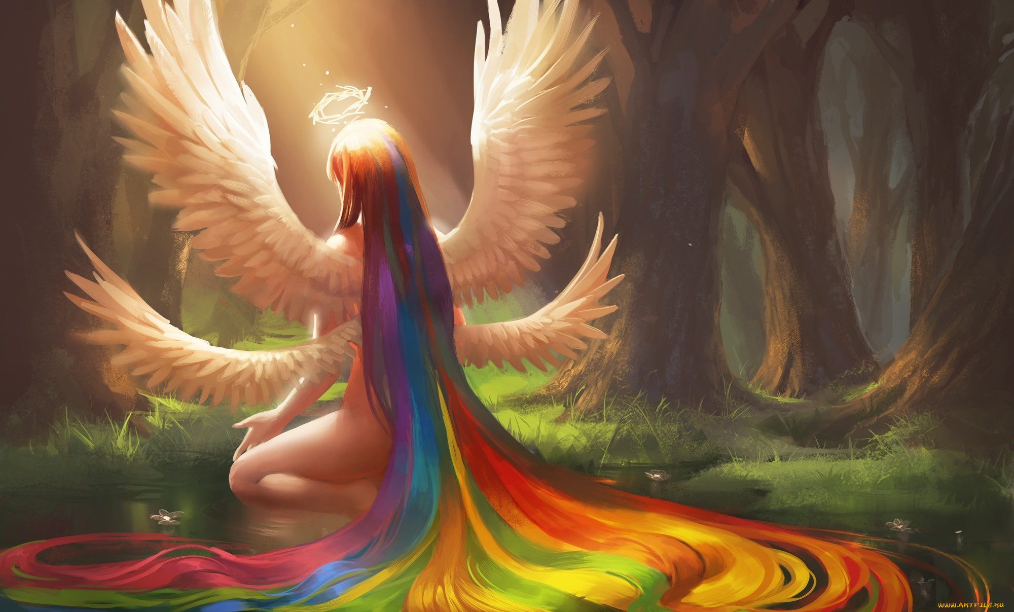 фэнтези, ангелы, лес, девушка, радуга, волосы, крылья, ангел, нимб, пруд, вода, цветы