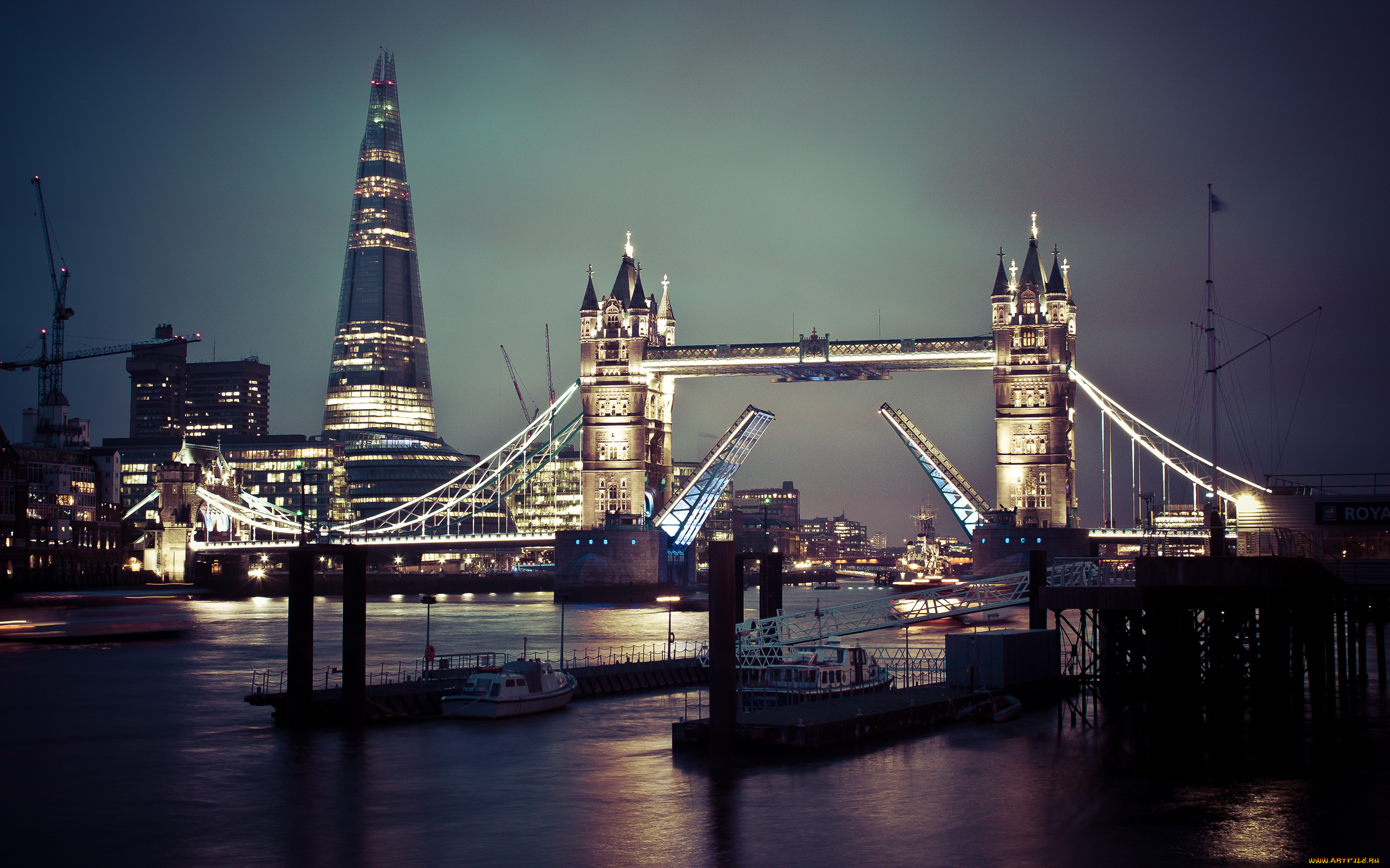 города, лондон, великобритания, ночной, город, причал, темза, london, england, мост, тауэрский, tower, bridge, река