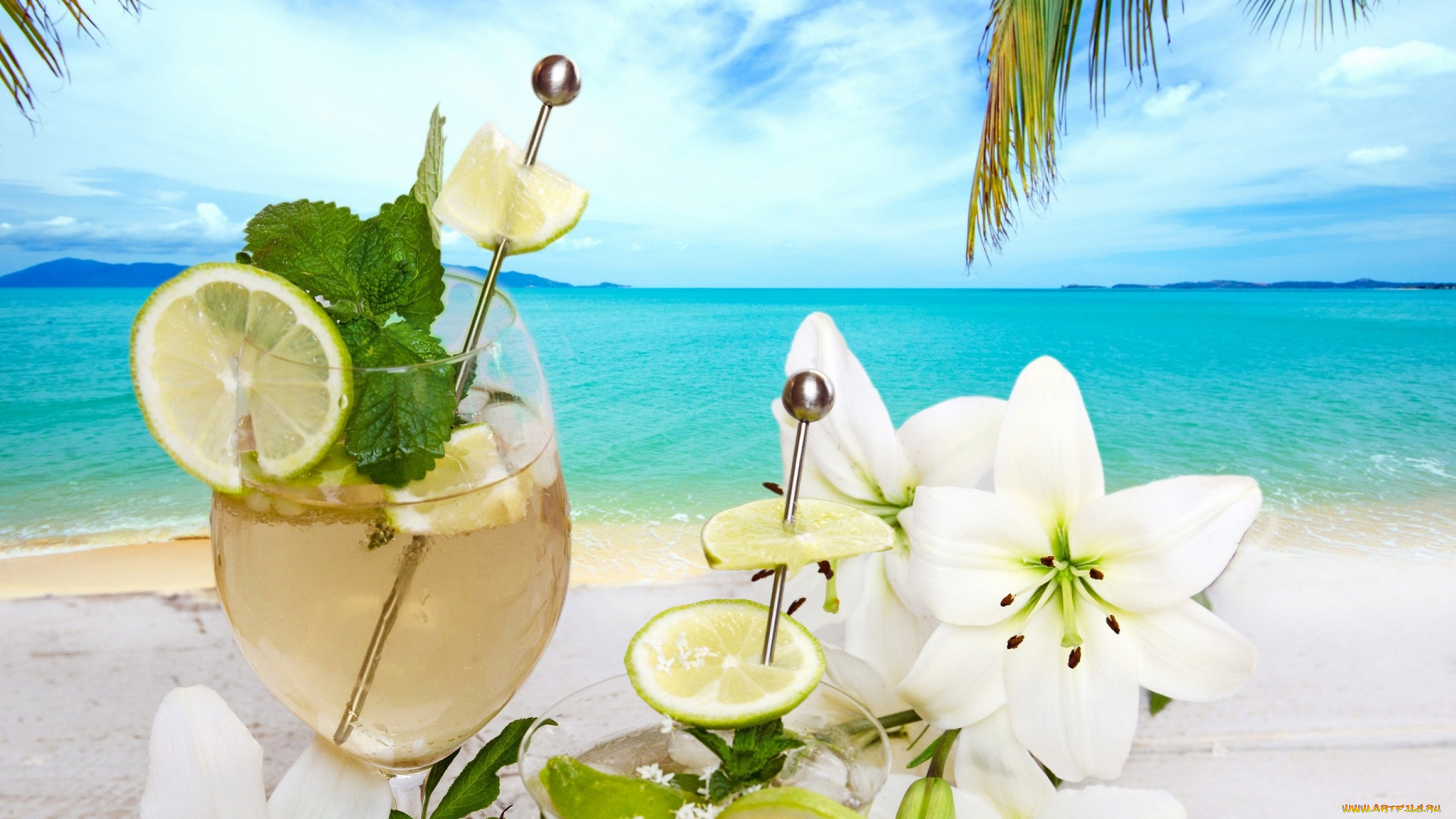 еда, напитки, , коктейль, напиток, flowers, palms, beach, summer, drink, fresh, fruit, cocktail, tropical, коктейль, пляж