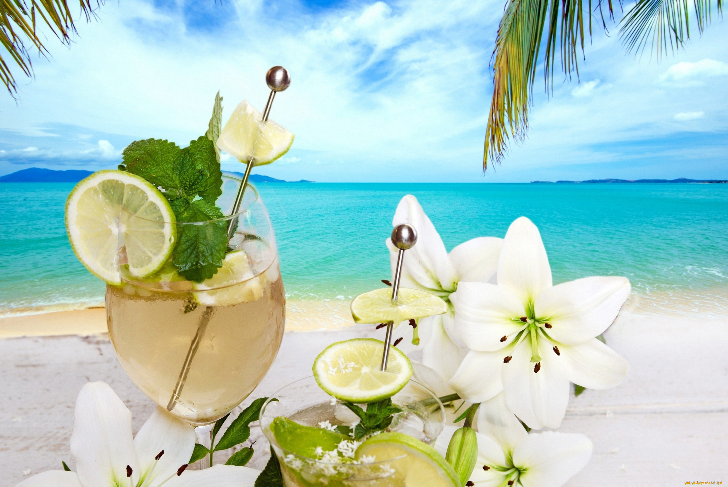 еда, напитки, , коктейль, напиток, flowers, palms, beach, summer, drink, fresh, fruit, cocktail, tropical, коктейль, пляж