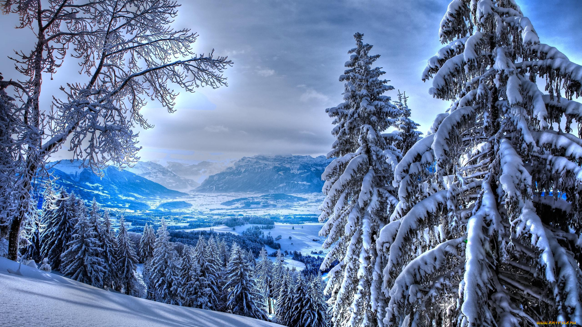 природа, зима, панорама, тени, деревья, горы, снег