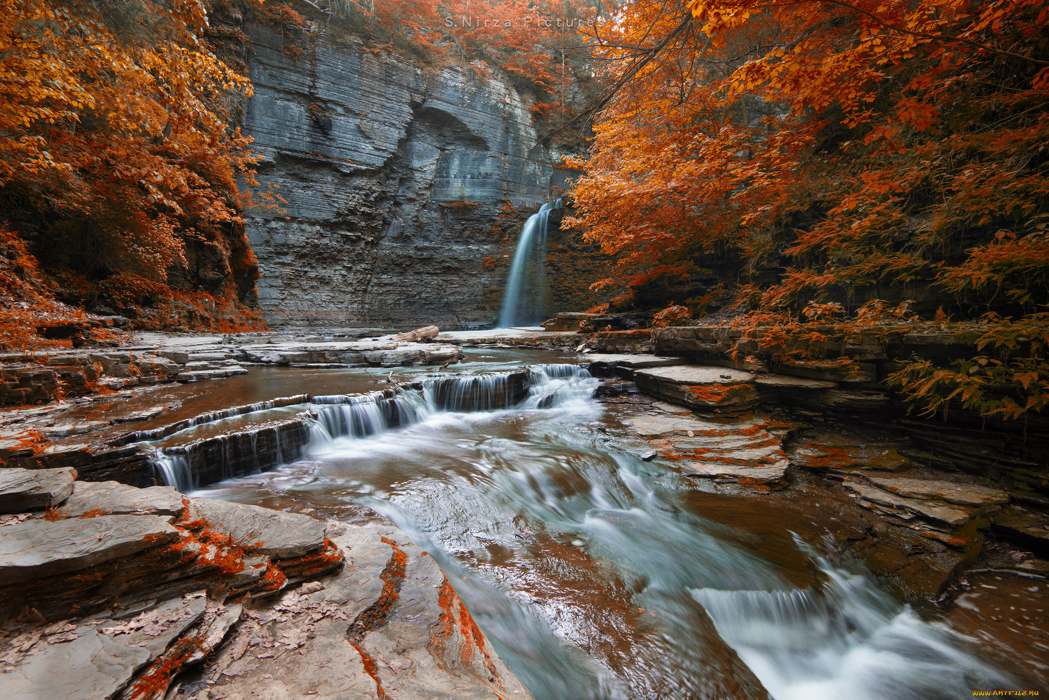 природа, водопады, скала, осень, деревья, лес, река