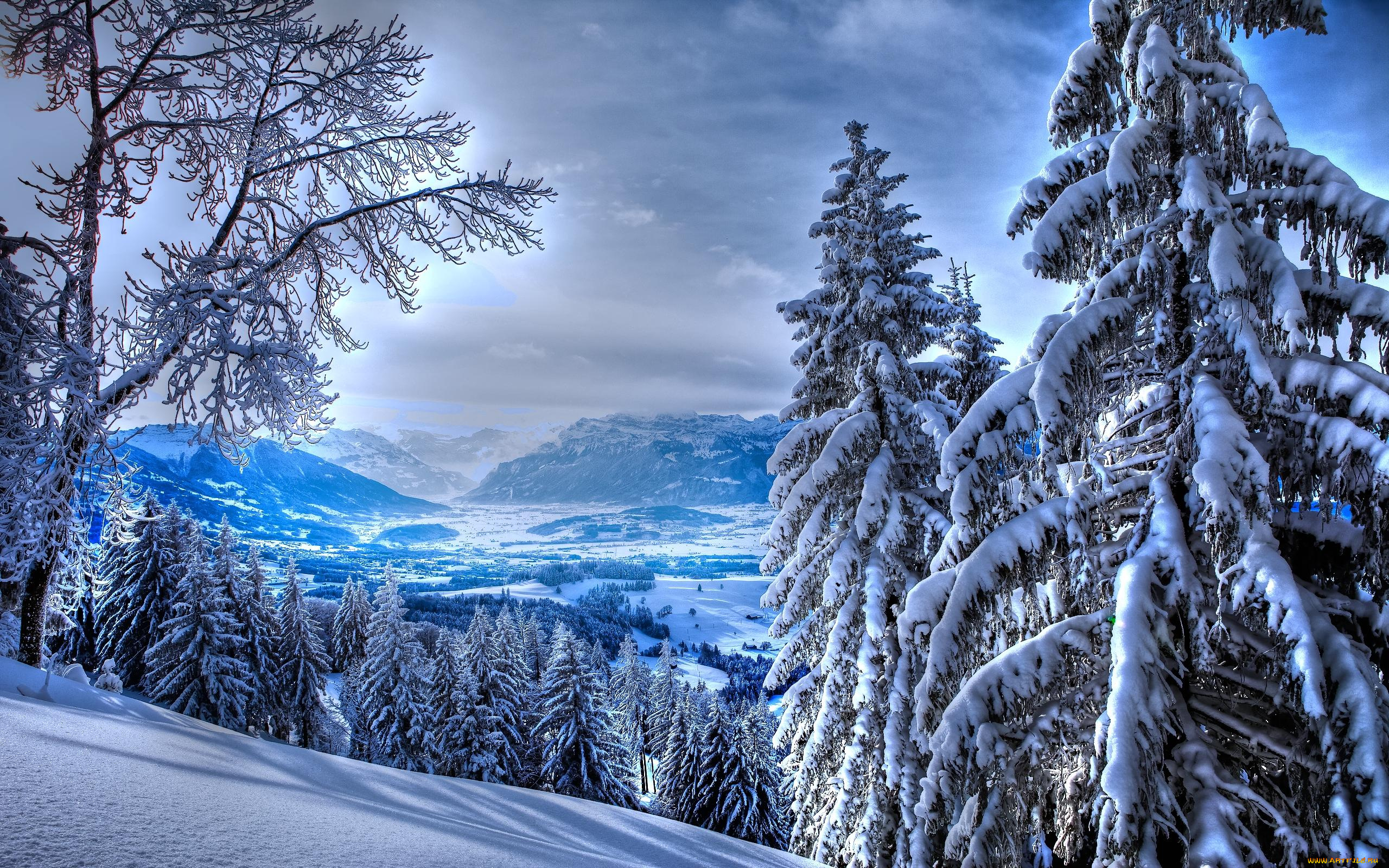 природа, зима, панорама, тени, деревья, горы, снег