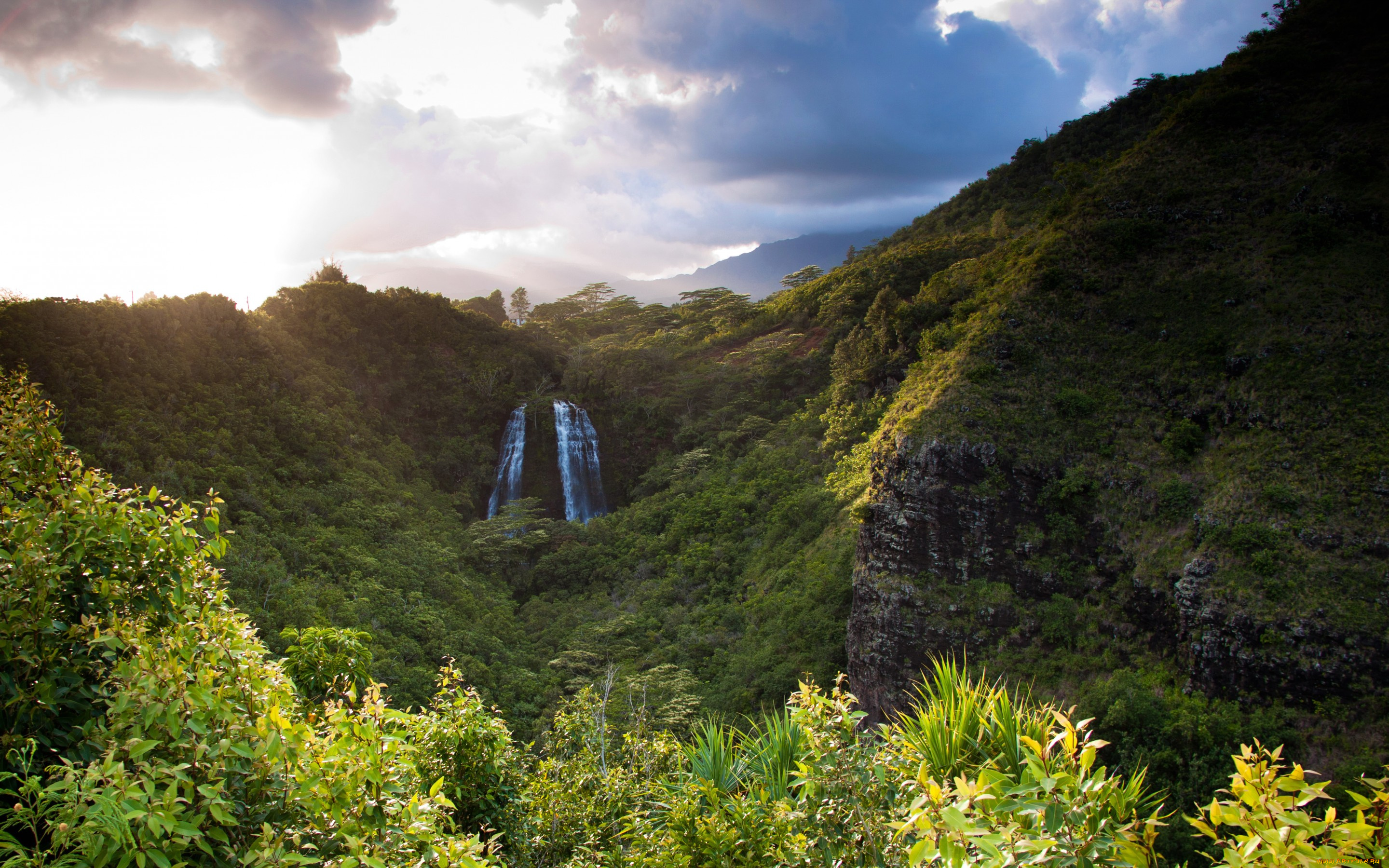 природа, водопады, скалы, горы, водопад, лес, гавайи, opaekaa, falls, тучи, зелень