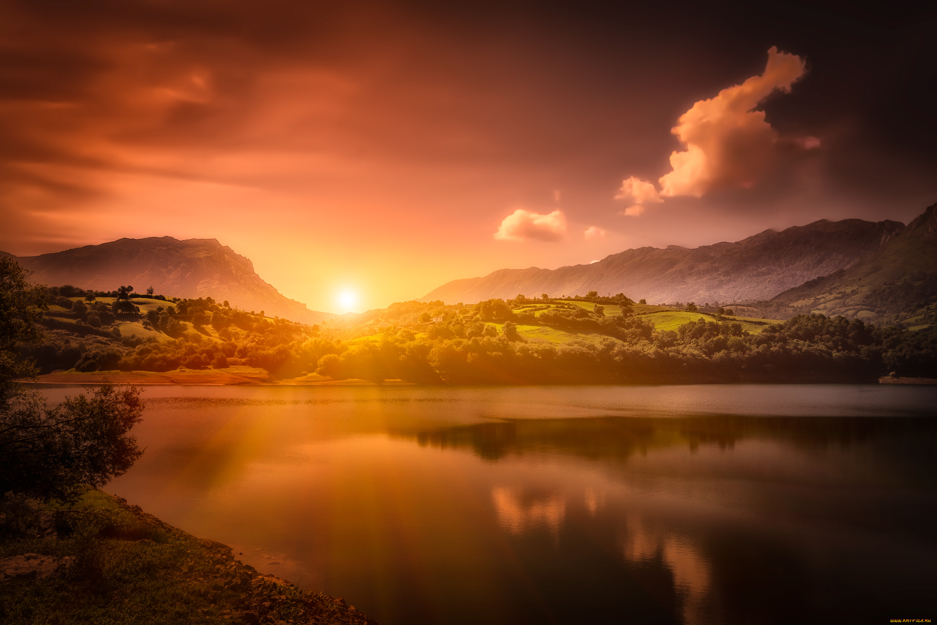 природа, восходы, закаты, астурия, spain, asturias, alfilorios, reservoir, горы, закат, водохранилище, испания