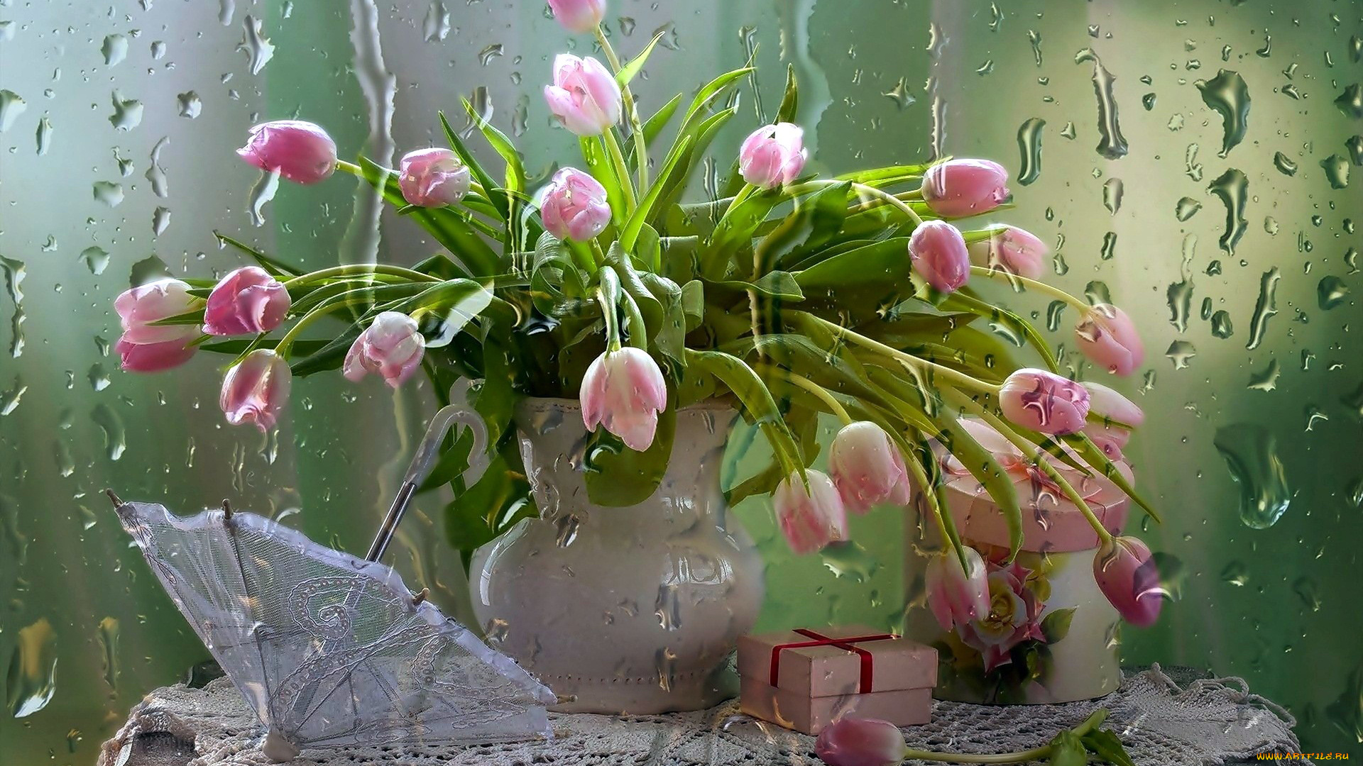 цветы, тюльпаны, ваза, подарок, зонтик, букет