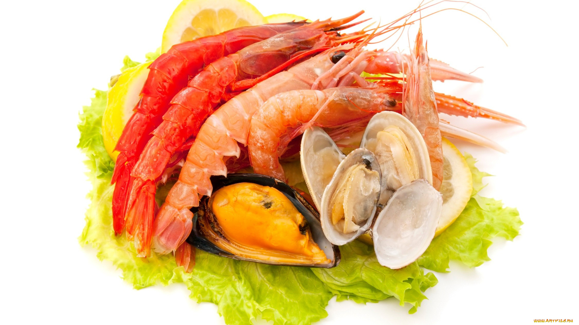 еда, рыбные, блюда, , с, морепродуктами, креветки, лимон, салат, мидии