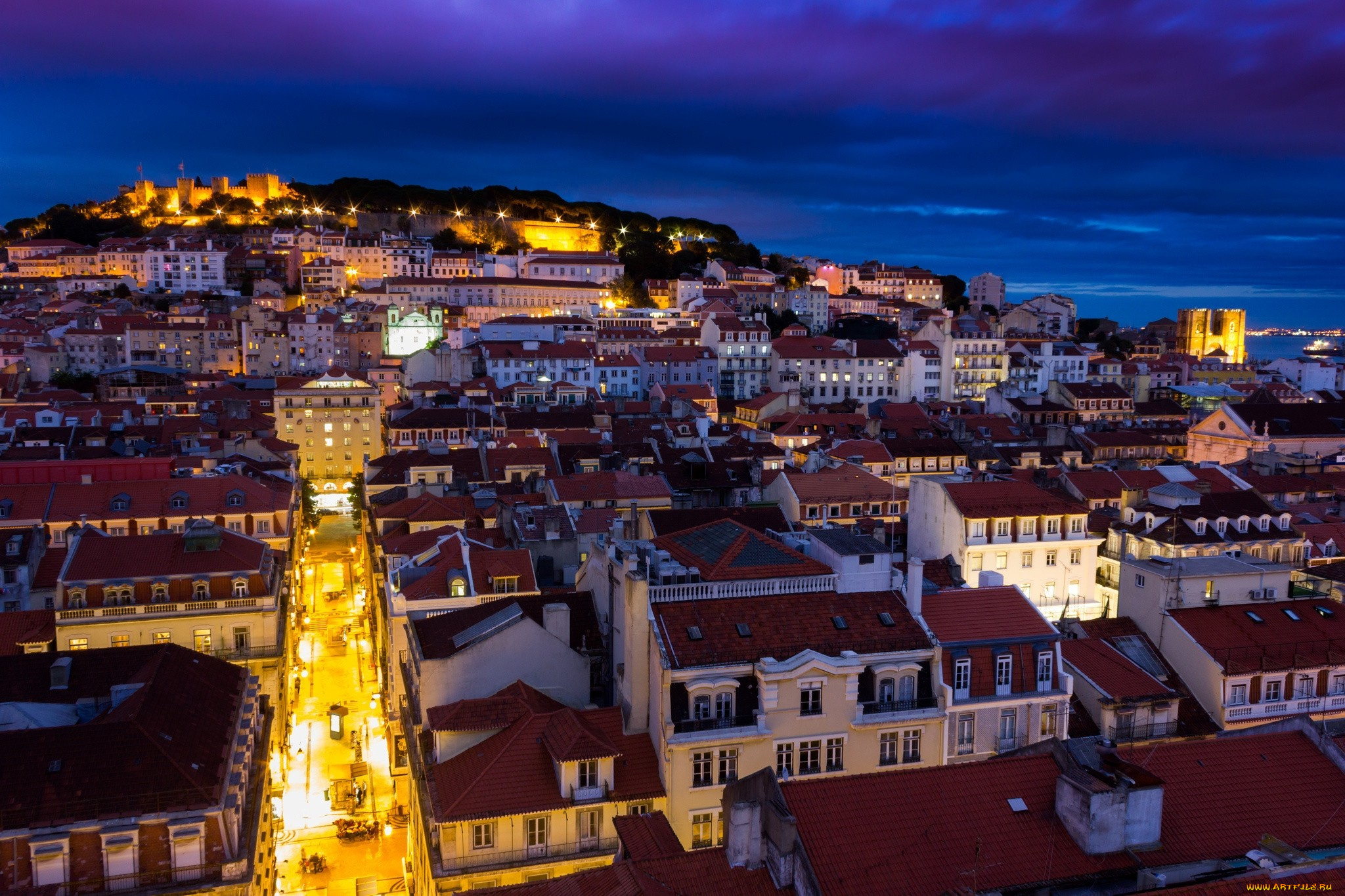 города, лиссабон, , португалия, огни, панорама, вечер
