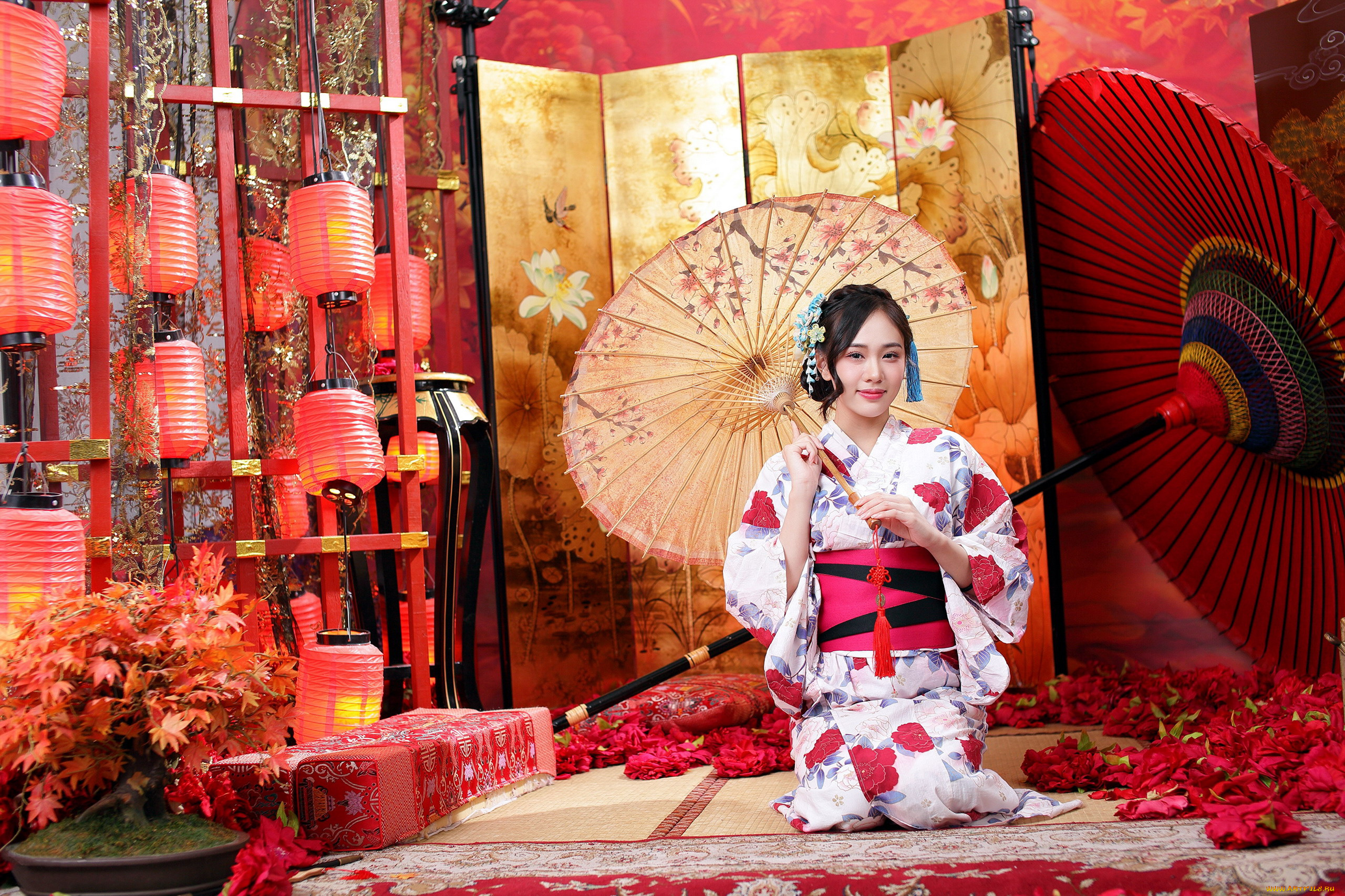 девушки, -, азиатки, кимоно, азиатка, зонтик, фонарики