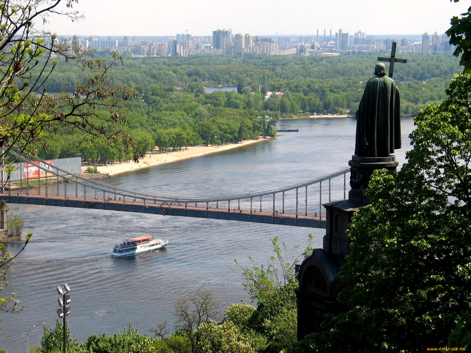 киев, города, украина, мост, днепр, памятник, пейзаж, корабль