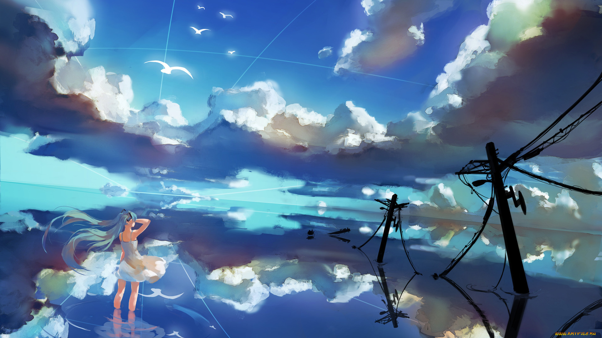 аниме, vocaloid, отражение, облака, небо, hatsune, miku, провода, лэп, вода, спиной, девушка, птицы, yaozhiligenius, арт