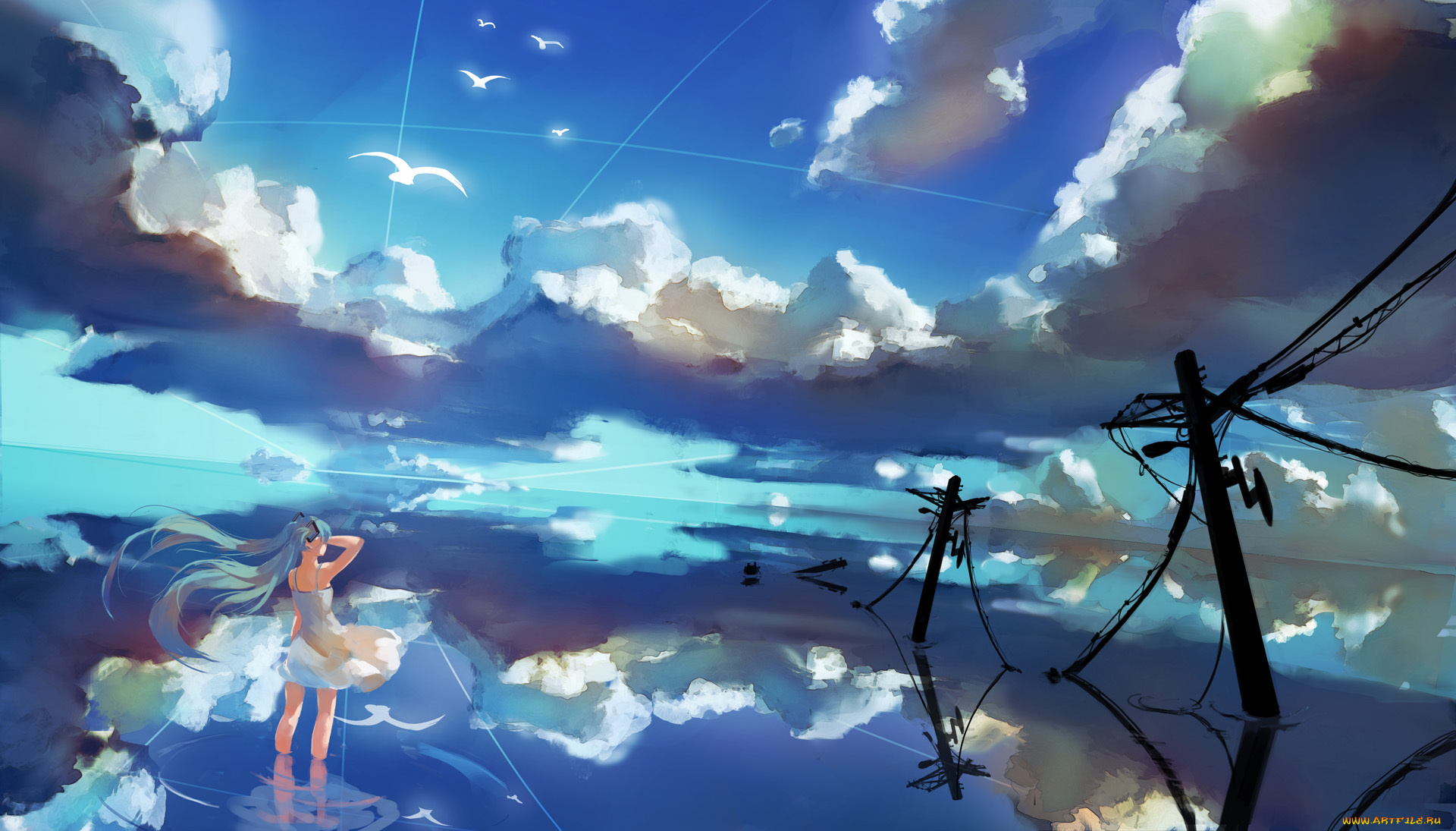 аниме, vocaloid, отражение, облака, небо, hatsune, miku, провода, лэп, вода, спиной, девушка, птицы, yaozhiligenius, арт