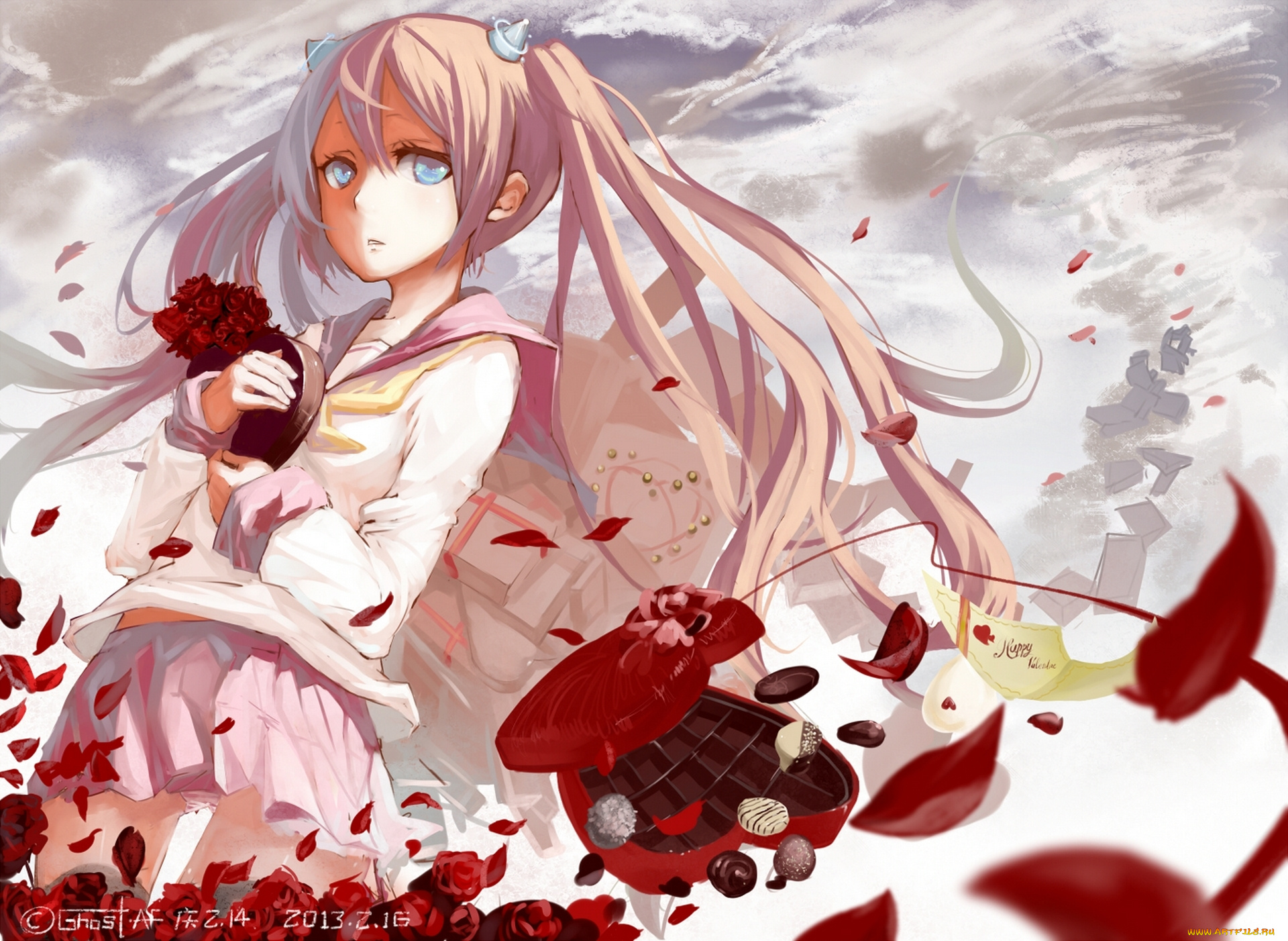 аниме, -happy, valentine, школьница, розы, лепестки, цветы, форма, конфеты, девушка, ghostas, арт