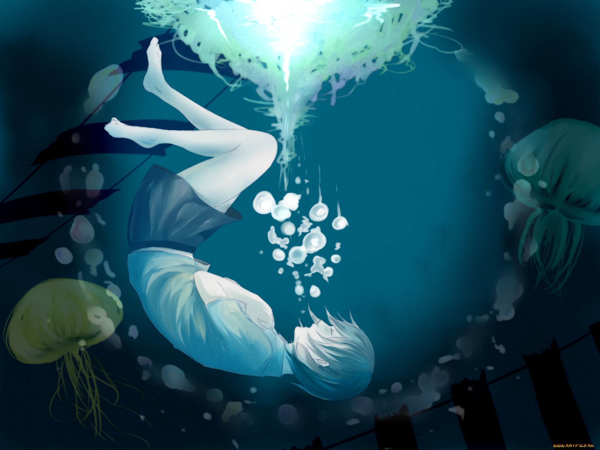 аниме, *unknown, , другое, под, водой, девушка, cmas125, sachi, арт, пузыри, медузы