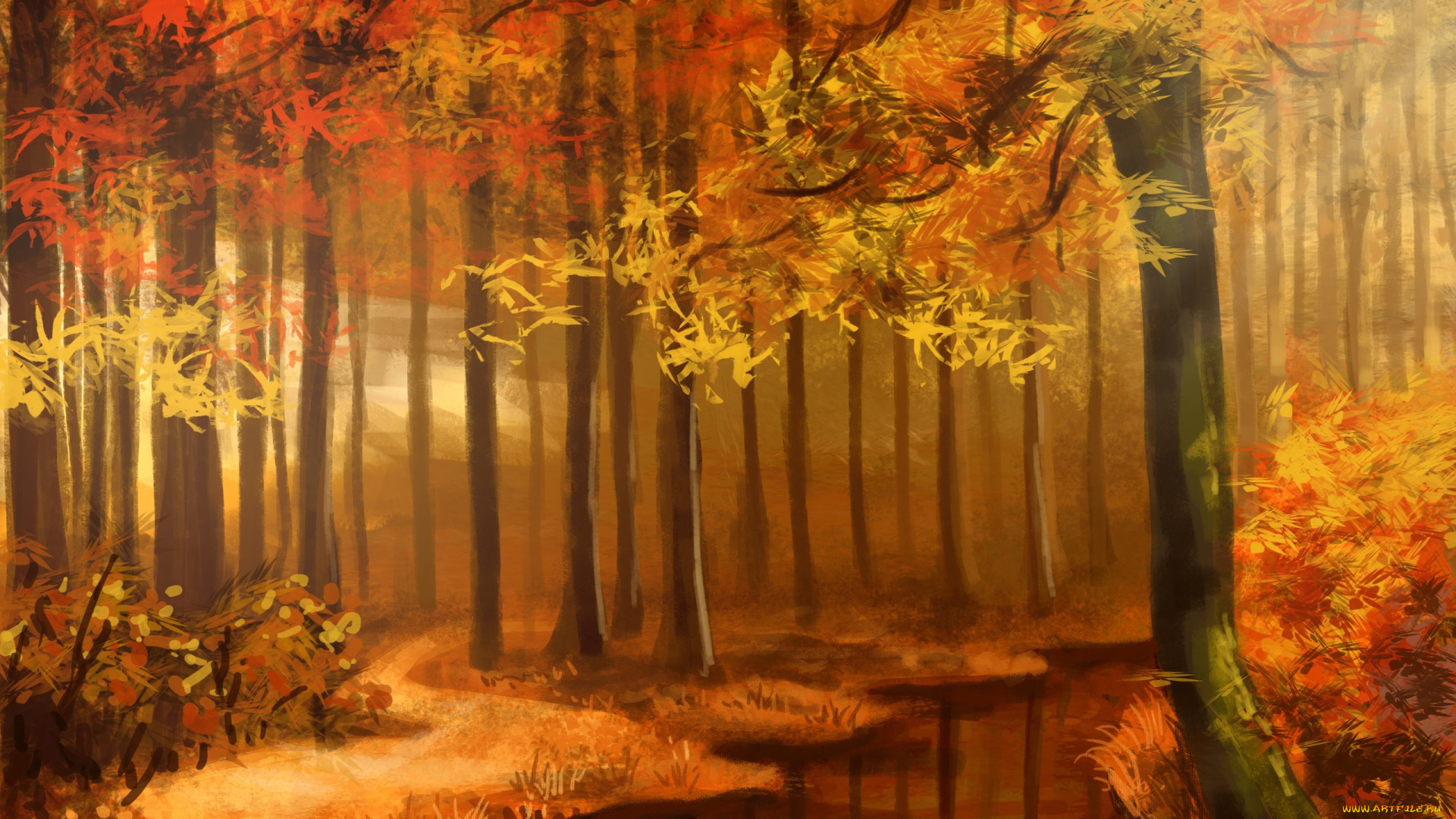 рисованное, живопись, река, осень, лес
