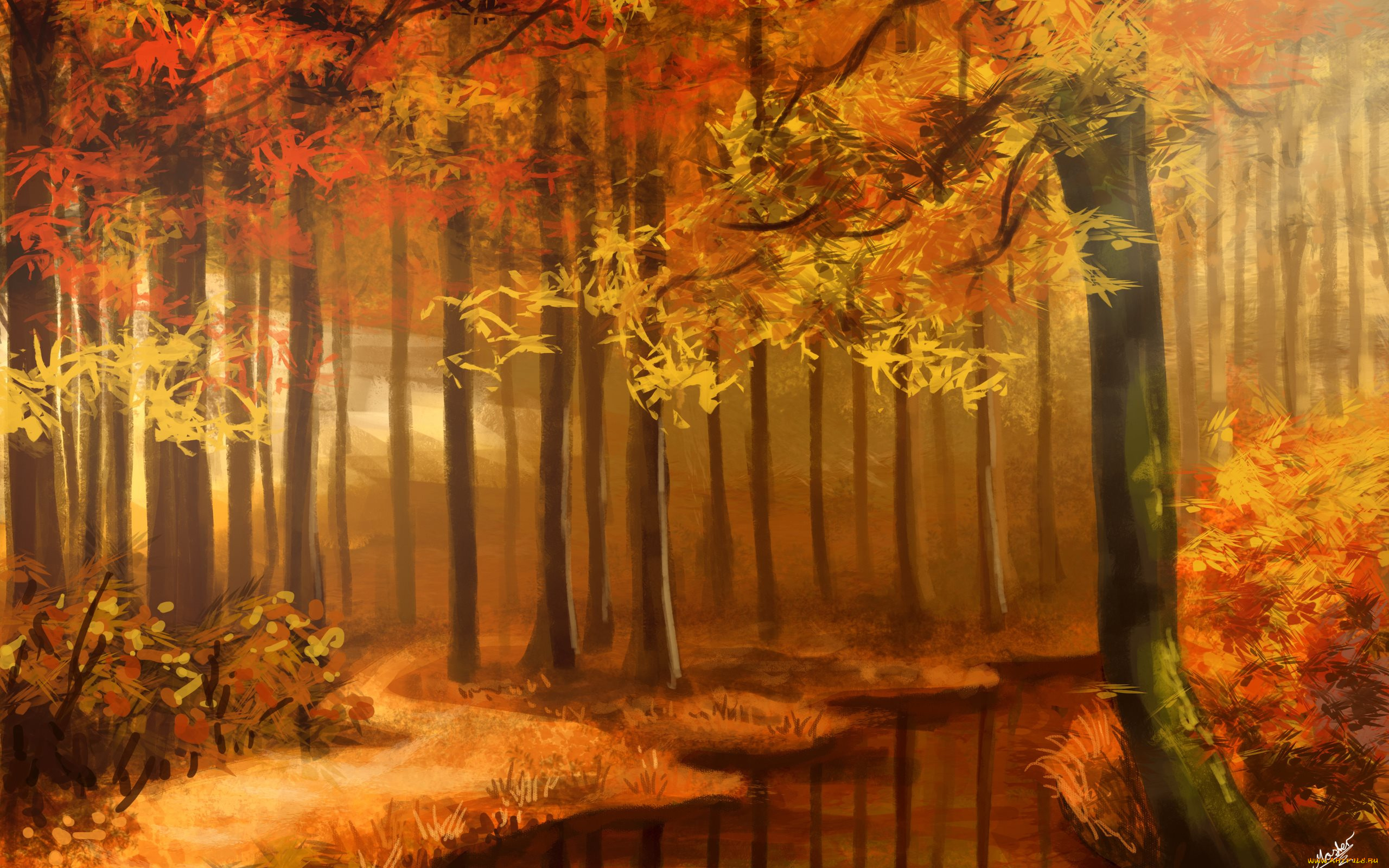 рисованное, живопись, река, осень, лес