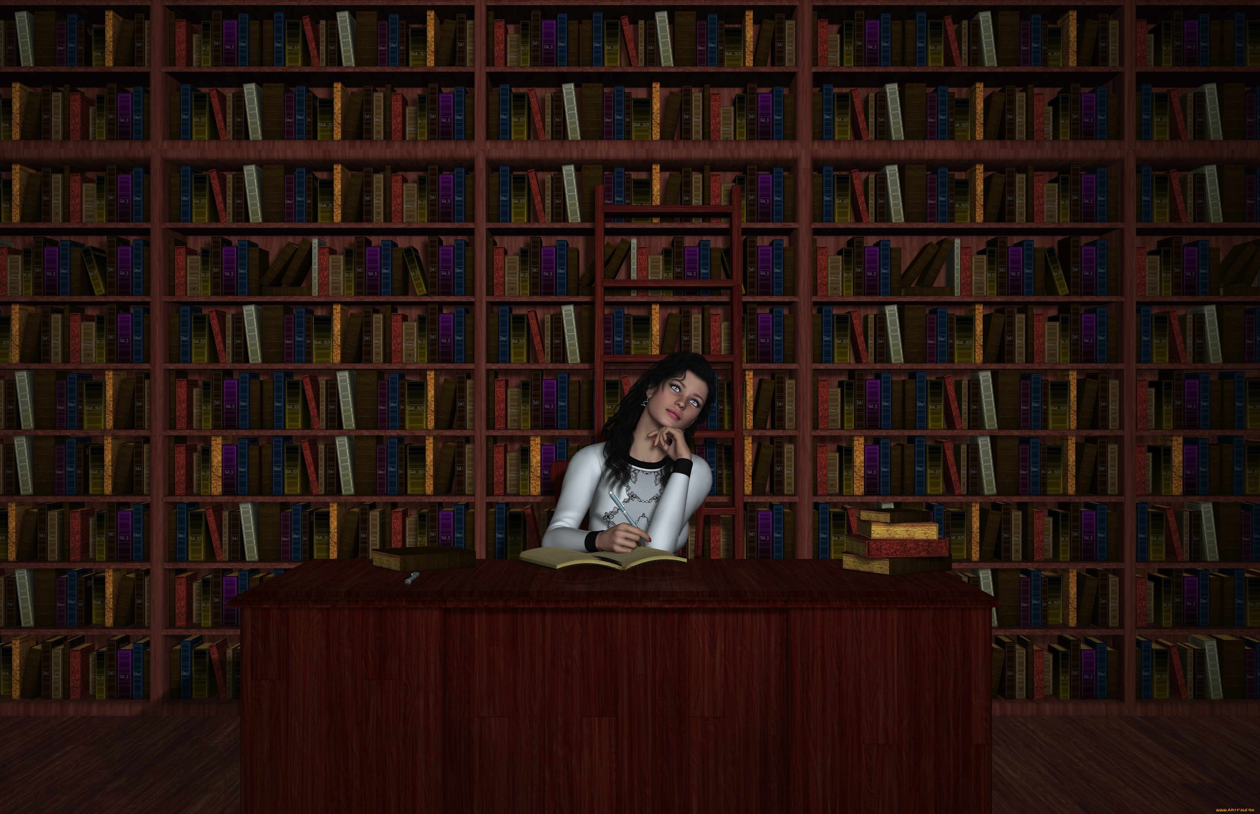 Девушка на фоне стеллаж с книгами