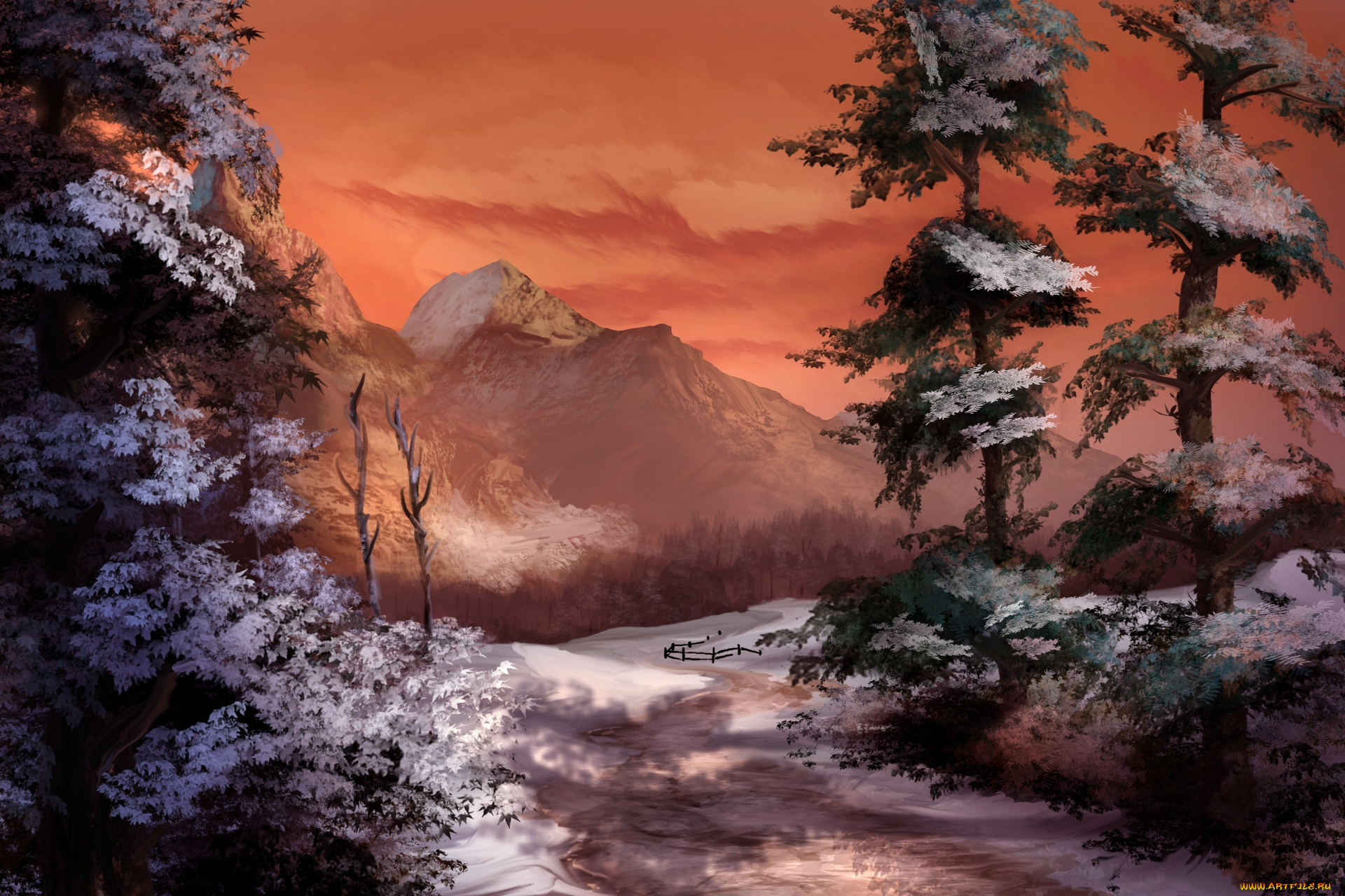 рисованное, природа, горы, снег, деревья