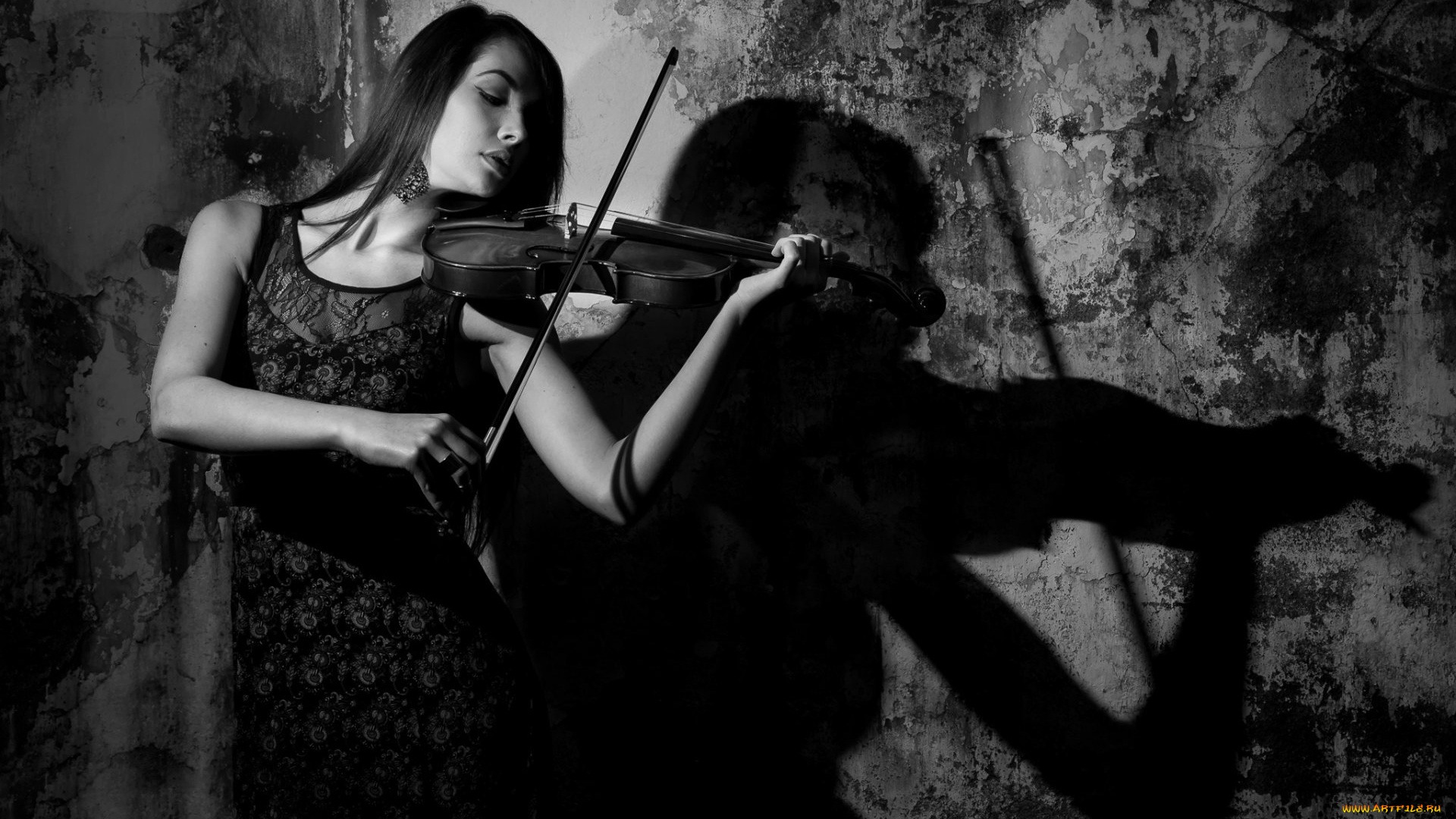 музыка, -другое, скрипка, девушка, стена, тень